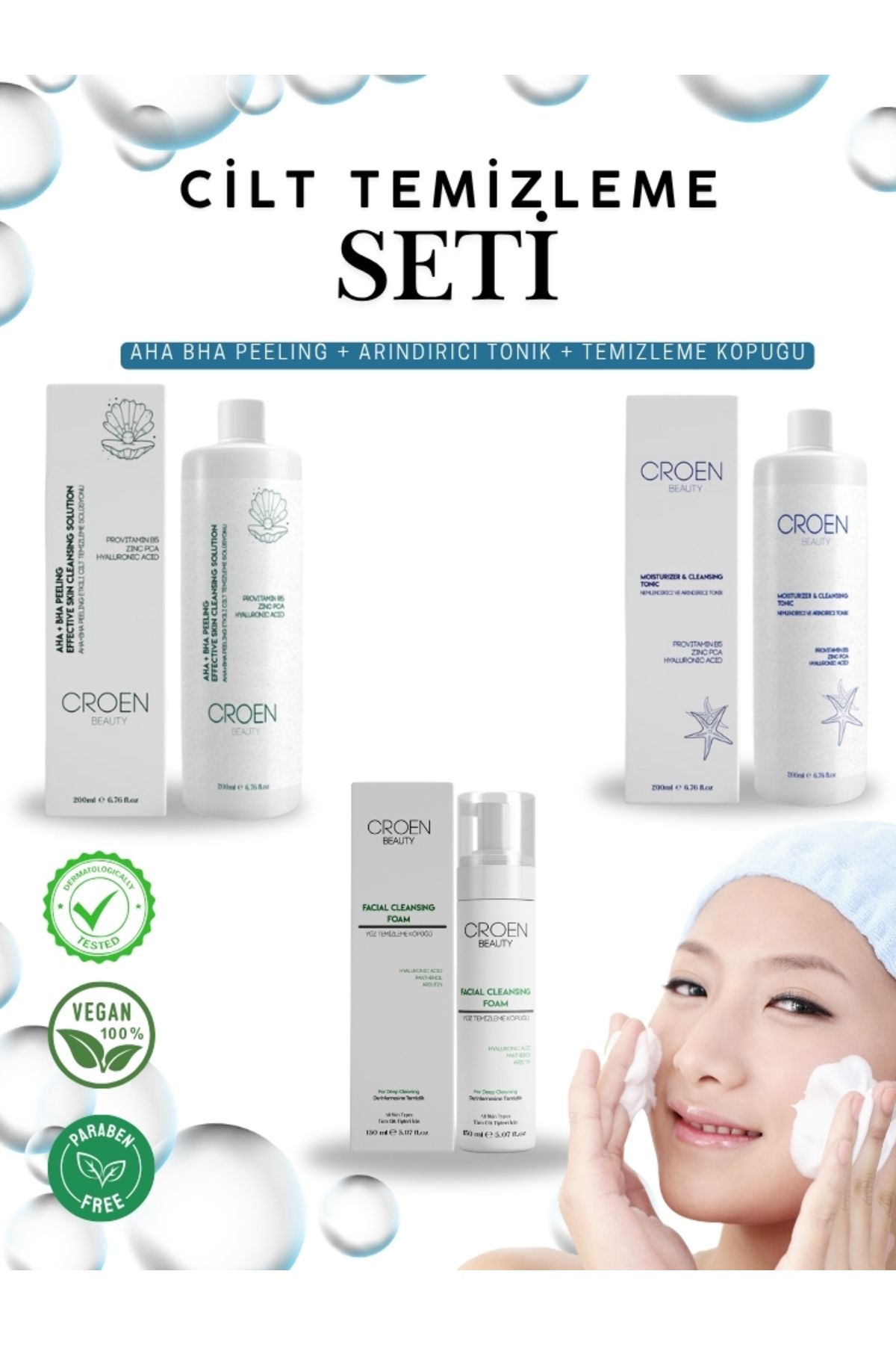 Croen Beauty Croen 3’lü Cilt Bakım Seti AHA BHA Peeling+Tonik+Temizleme Köpüğü | Arındırıcı ve Nemlendirici Bakım