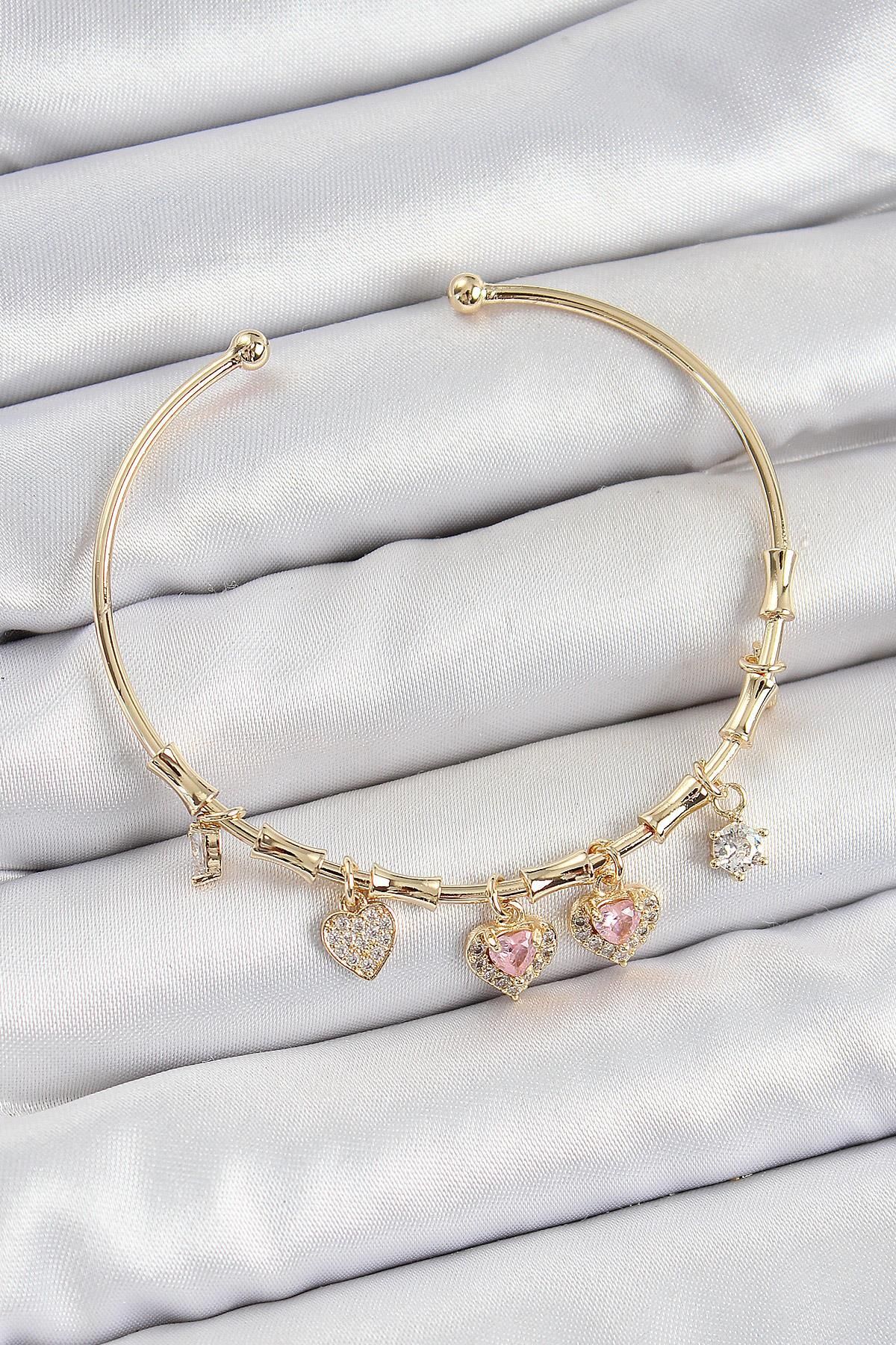 Celira Pirinç Zirkon Taşlı Pembe Kalp Model Gold Renk Charm Bileklik