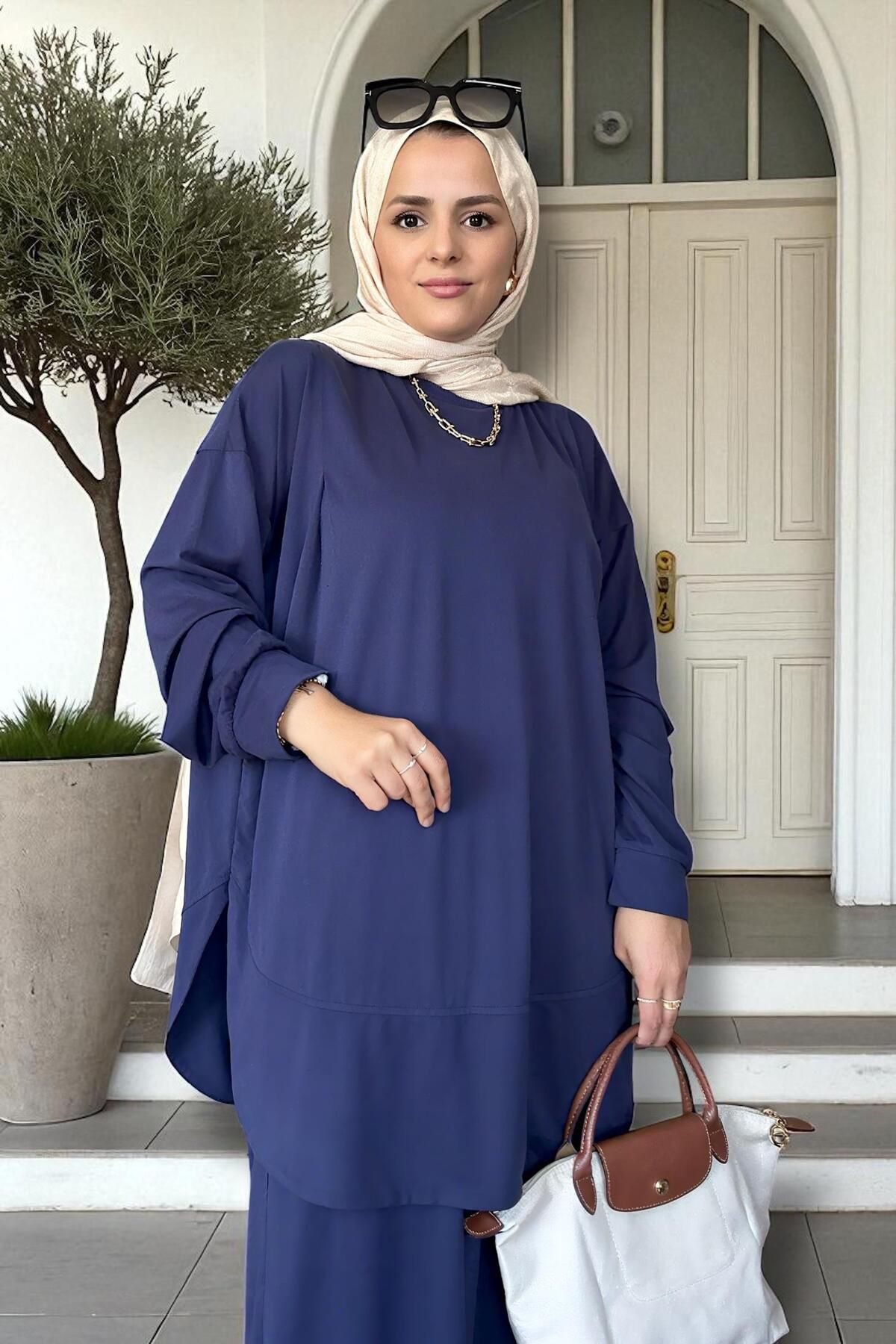 Aselim Hijap Moda Serinsoft Yazlık İkili Takım - Cepli Pantolon & Dökümlü Tunik 36-48 beden Lacivert