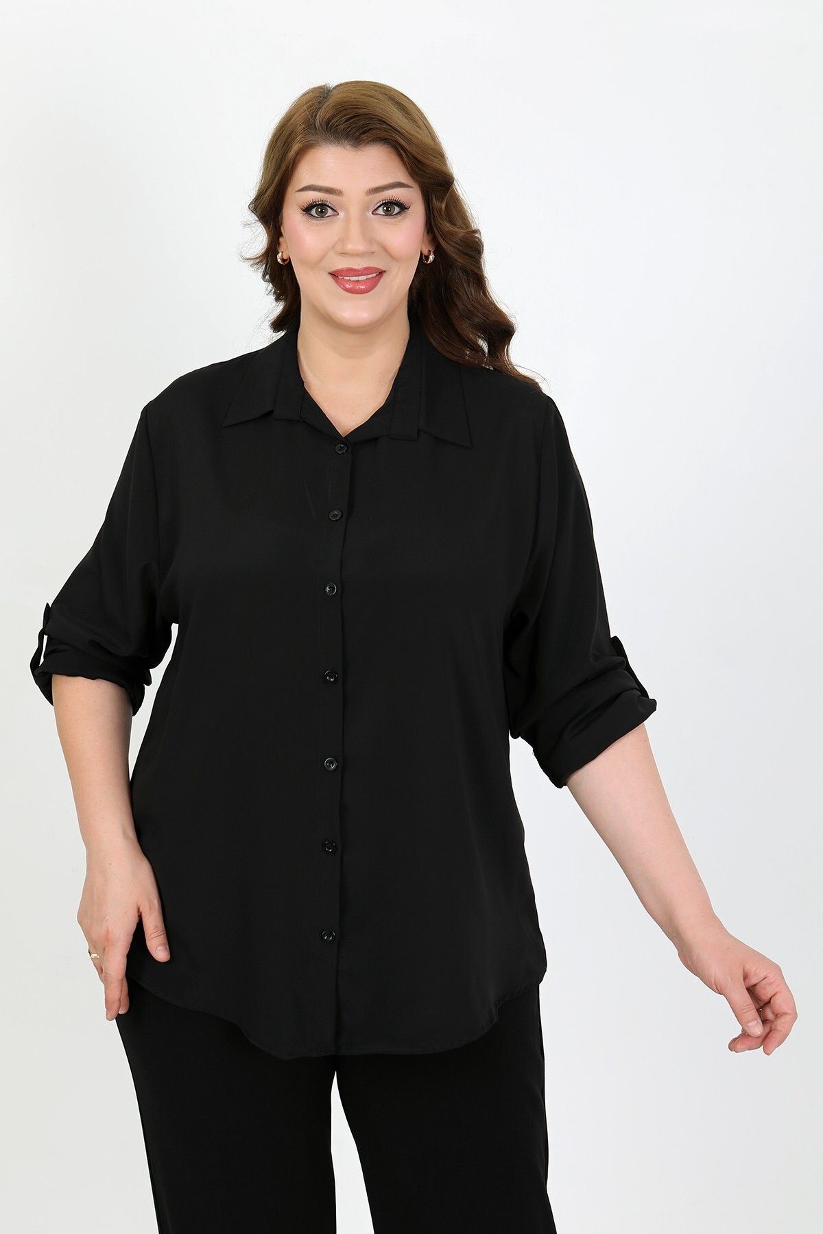 By Alba Collection KADIN SİYAH DUBAİ KUMAŞ DÜZ RENK BÜYÜK BEDEN GÖMLEK