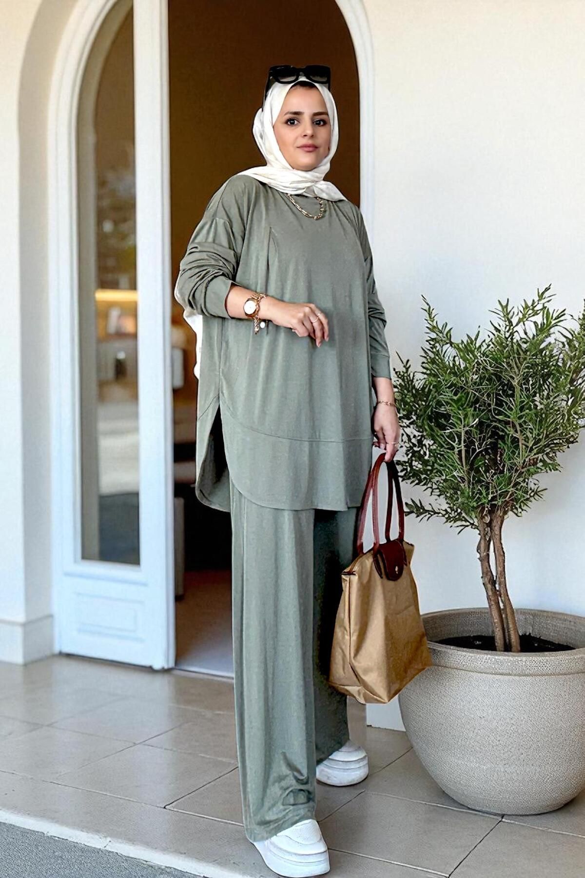 Aselim Hijap Moda Serinsoft Yazlık İkili Takım - Cepli Pantolon & Dökümlü Tunik 36-48 beden Yeşil