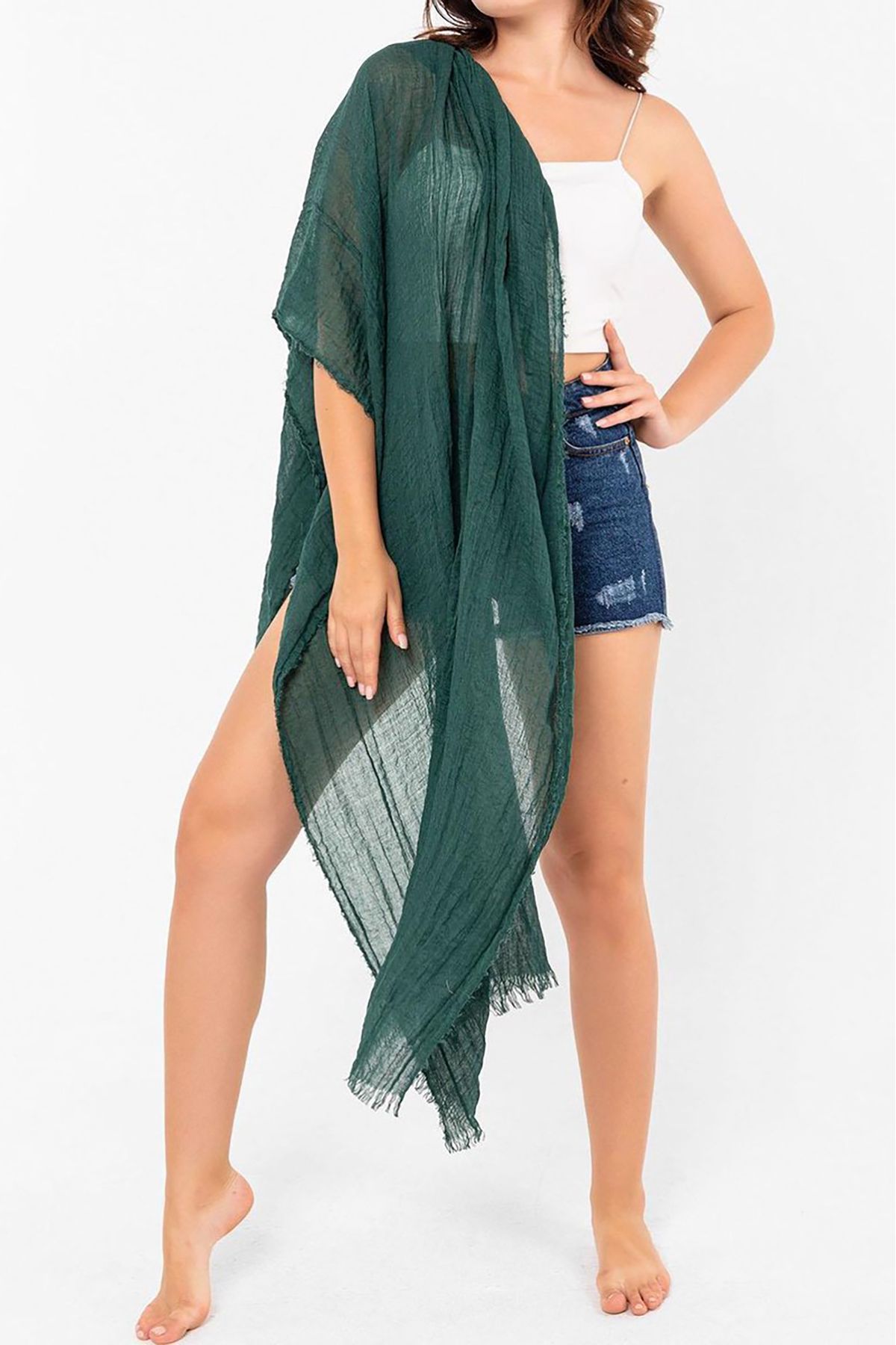 Neşeli Butik kadın zümrüt yeşil müslin kumaş şal pareo NBMHT02