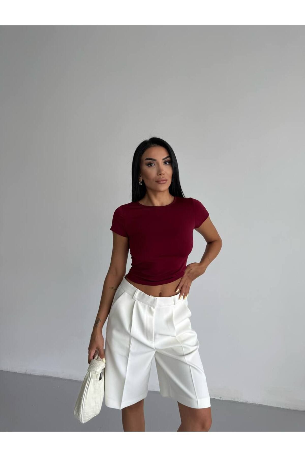 trendhazan A KALİTE KISA KOL BİSİKLET YAKA SANDY KUMAŞ CROP-TİŞÖRT