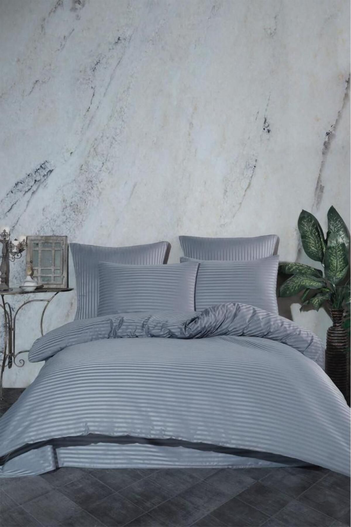 GİNETEKS GRİ ÇİZGİLİ SATEN NEVRESİM TAKIMI PAMUKLU ÇİFT KİŞİLİK (duvet cover set)