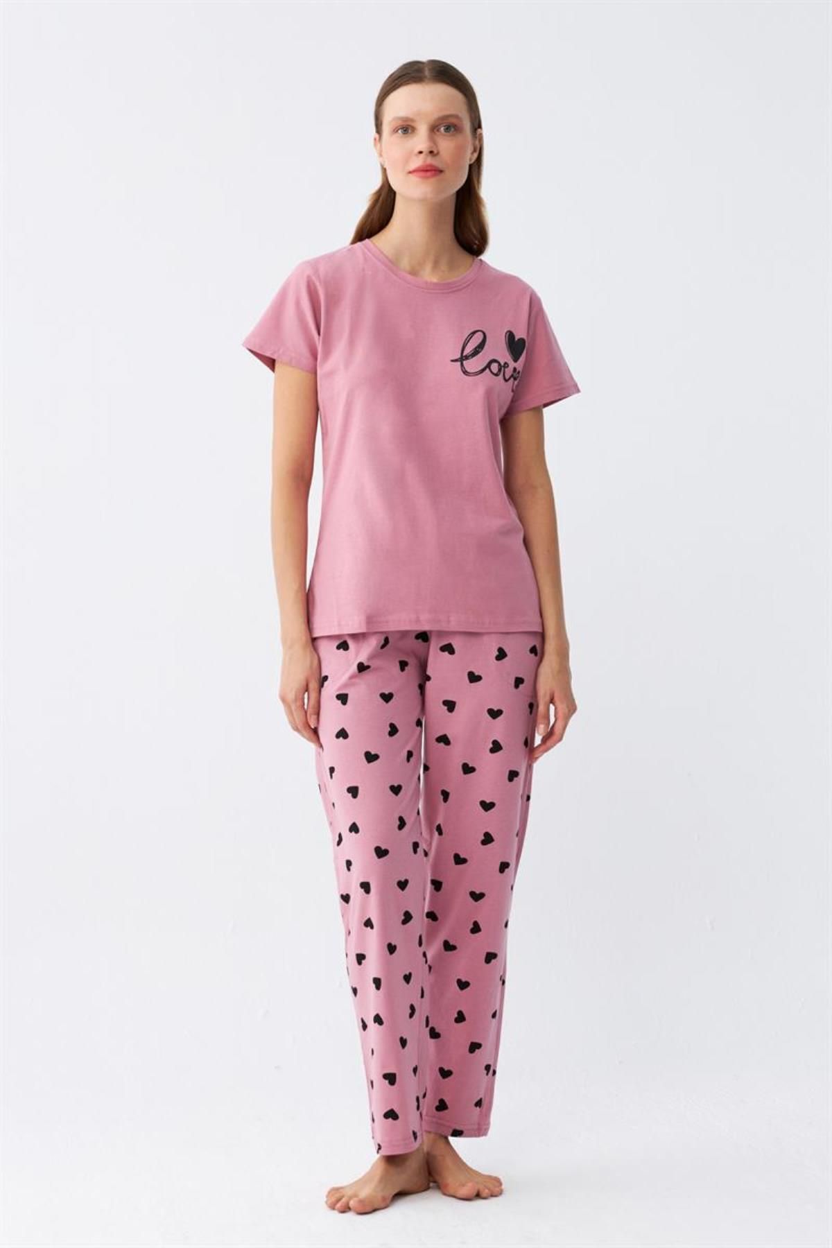 Celira Kadın Somon Kalp Desenli Kısa Kollu Penye Pijama Takımı