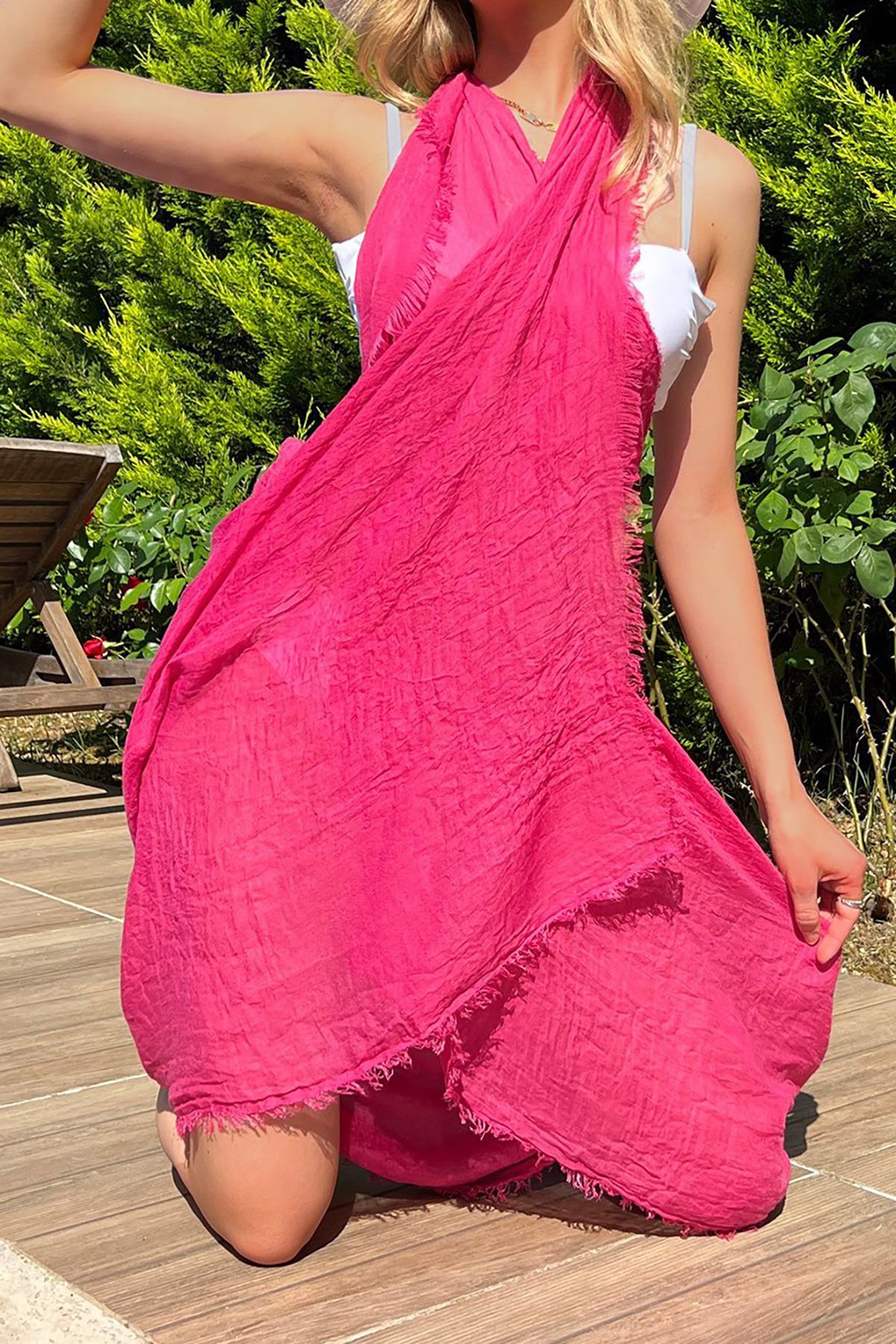 Neşeli Butik kadın fuşya müslin kumaş şal pareo NBMHT02