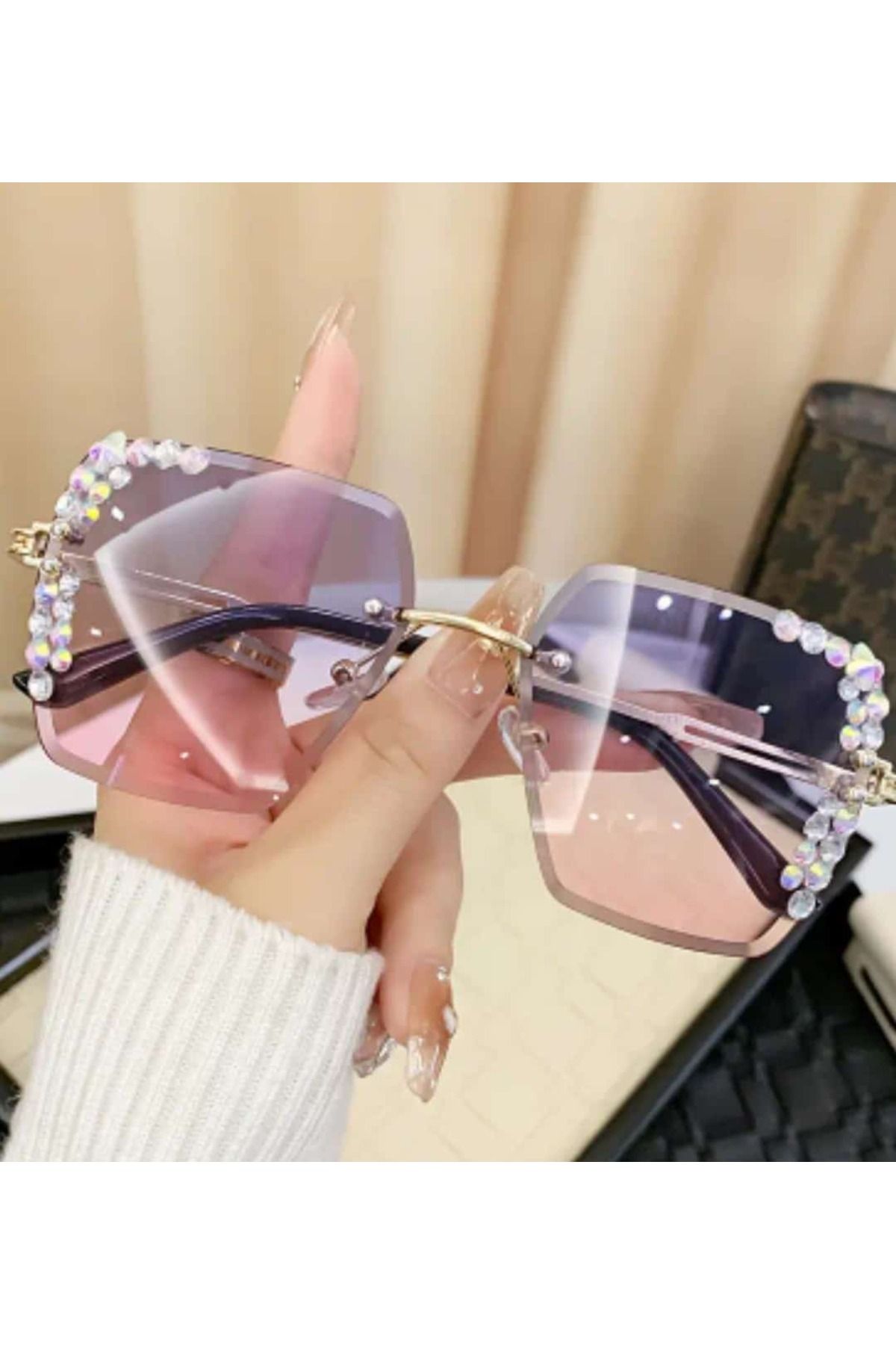ÇEÇEN HOME Kadınlar İçin Şık Kare Çerçevesiz Moda Gözlükleri Işıltılı Taş Vurguları ile Dayanıklı PC