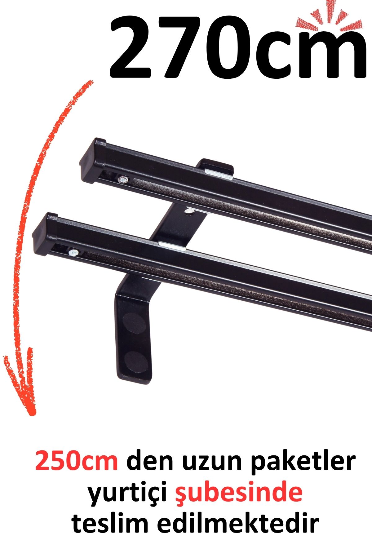 İzen Siyah 270cm İkili Metal Rustik (120mm) Metal L Duvar Montaj Ayaklı (19mm) Alüminyum Perde Ray Takımı