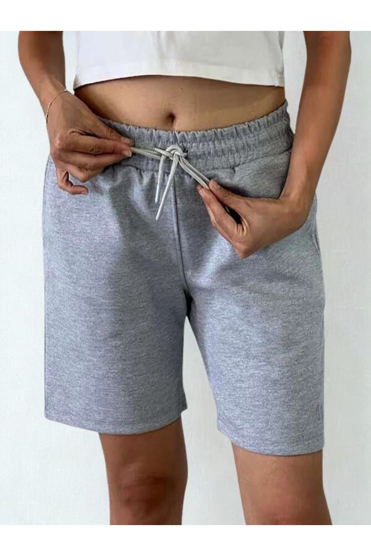 TREE TONE Unisex Beli Bağlamalı Pamuklu Cepli GRİ Melanj Şort