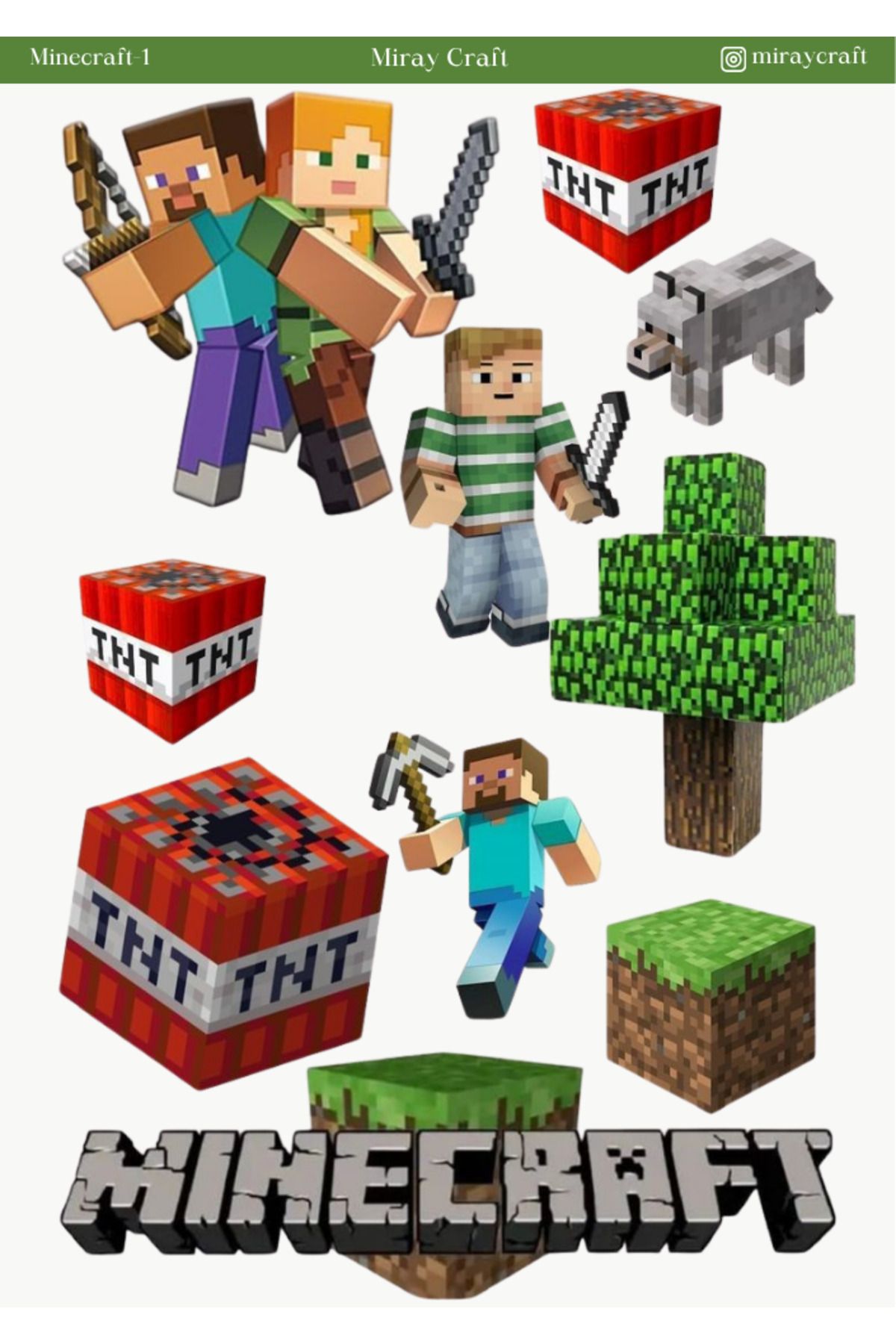 MirayDesign 1 Adet Minecraft Temalı Sticker (12x17 cm) Bullet Journal,Scrapbook, Ajanda, Planlayıcı için