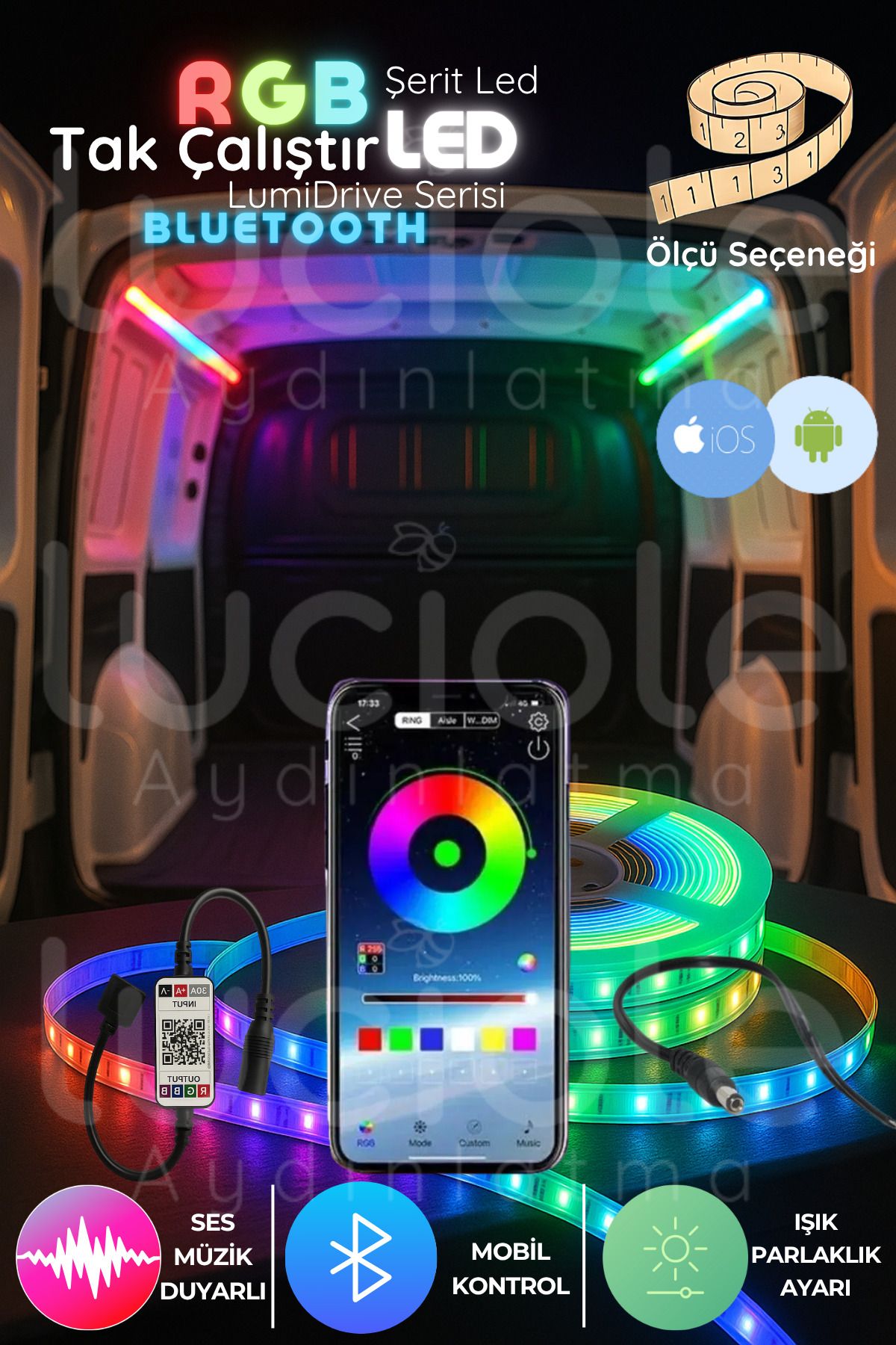 luciole LumiDrive 5m RGB Bluetooth Şerit LED – 5050 Smart Araç Aydınlatma, Mobil Kontrollü Işık Sistemi