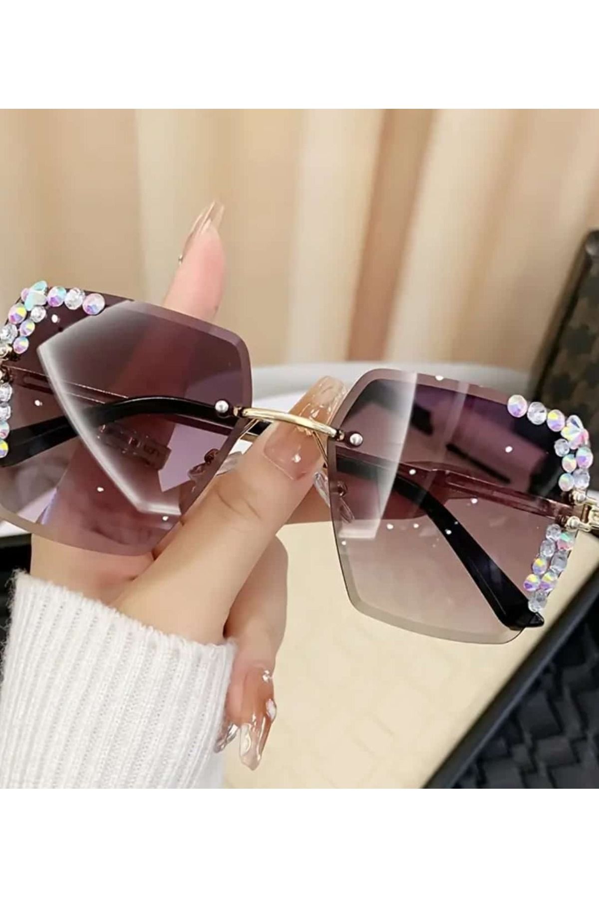 ÇEÇEN HOME Kadınlar İçin Şık Kare Çerçevesiz Moda Gözlükleri Işıltılı Taş Vurguları ile Dayanıklı PC
