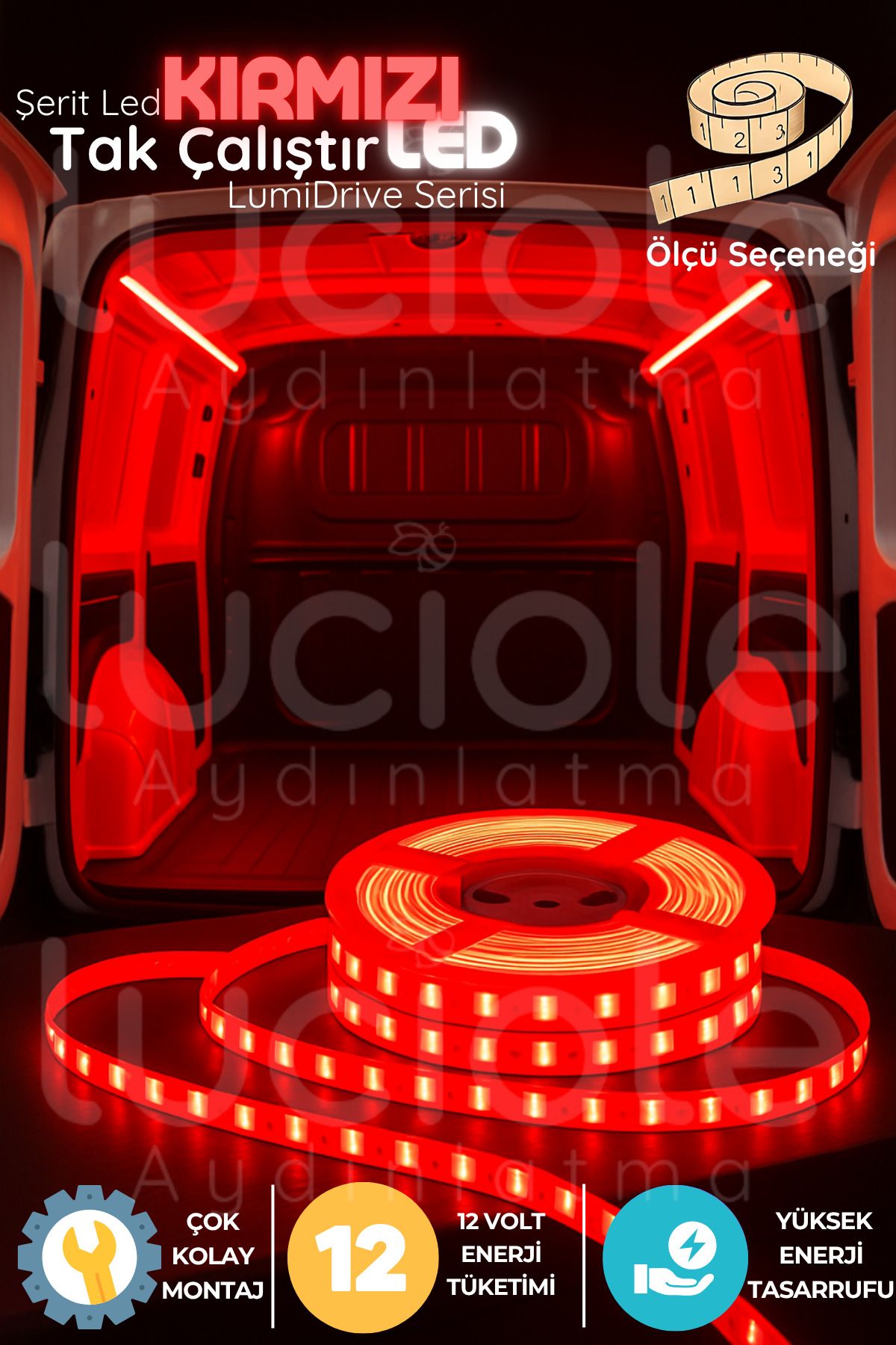 luciole LumiDrive 1m Kırmızı LED Şerit – 12V, 60 Çipli, 2835 SMD, Yapışkanlı, Kesilebilir, Çıplak Kablo Uçlu