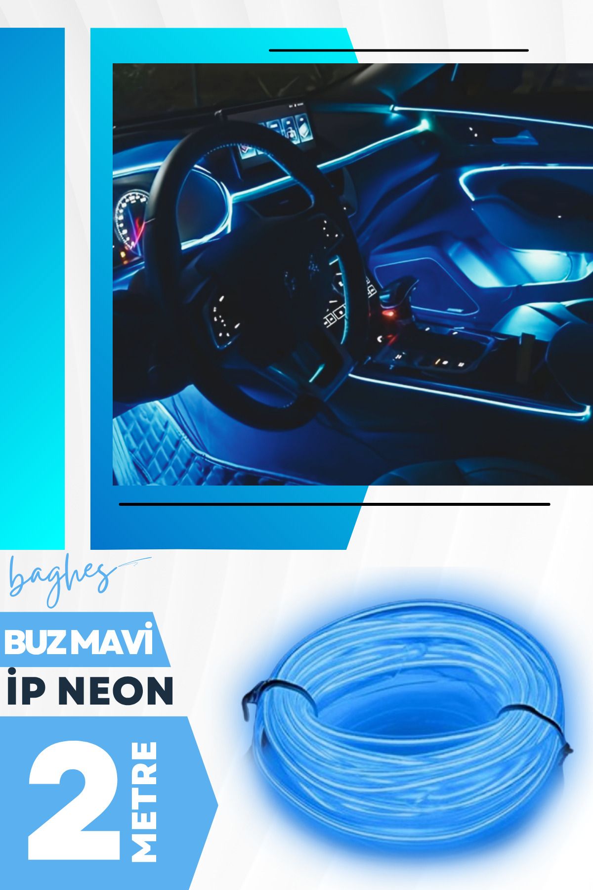 Baghes IceBlue Araç İçi Torpido Neon LED Şerit – 2 Metre Buz Mavisi Işık (12V)