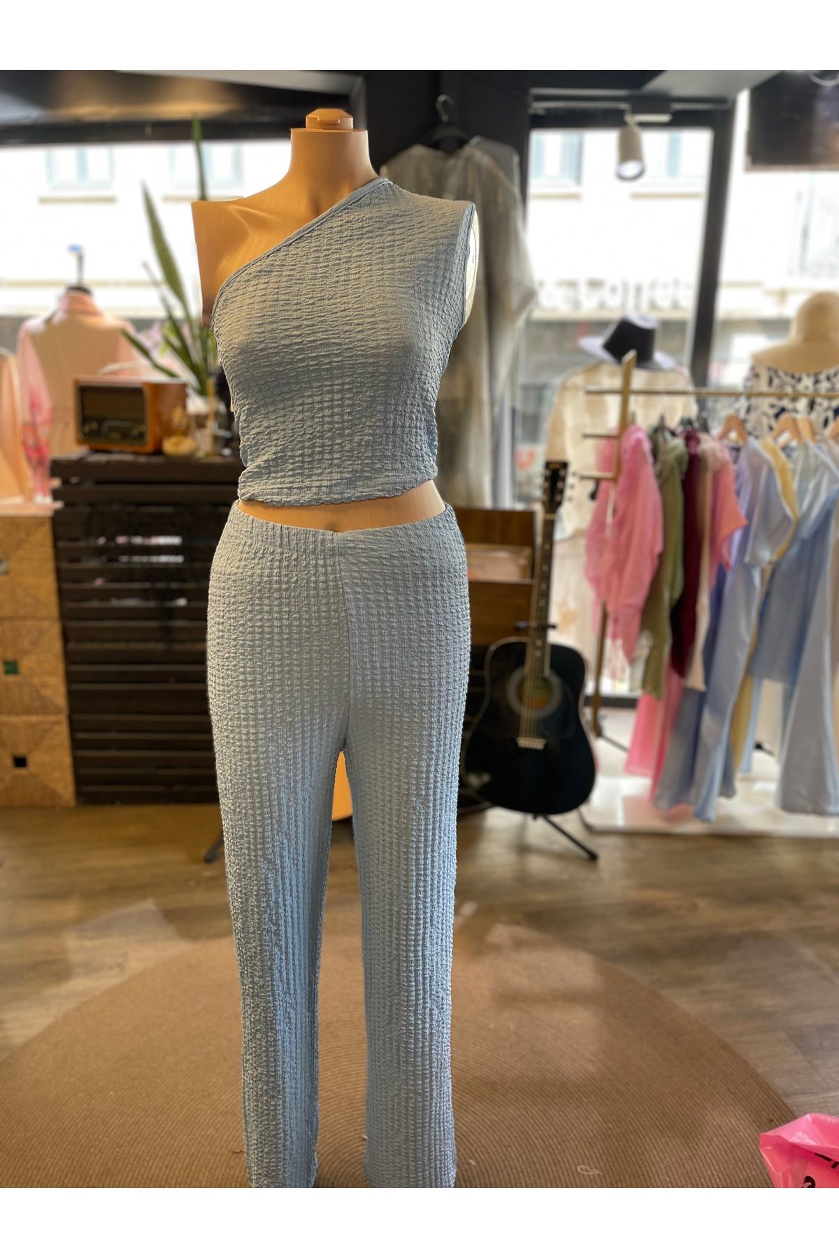 Mistix Tek Omuz Gofre Kumaş Bluz Pantolon İkili Takım