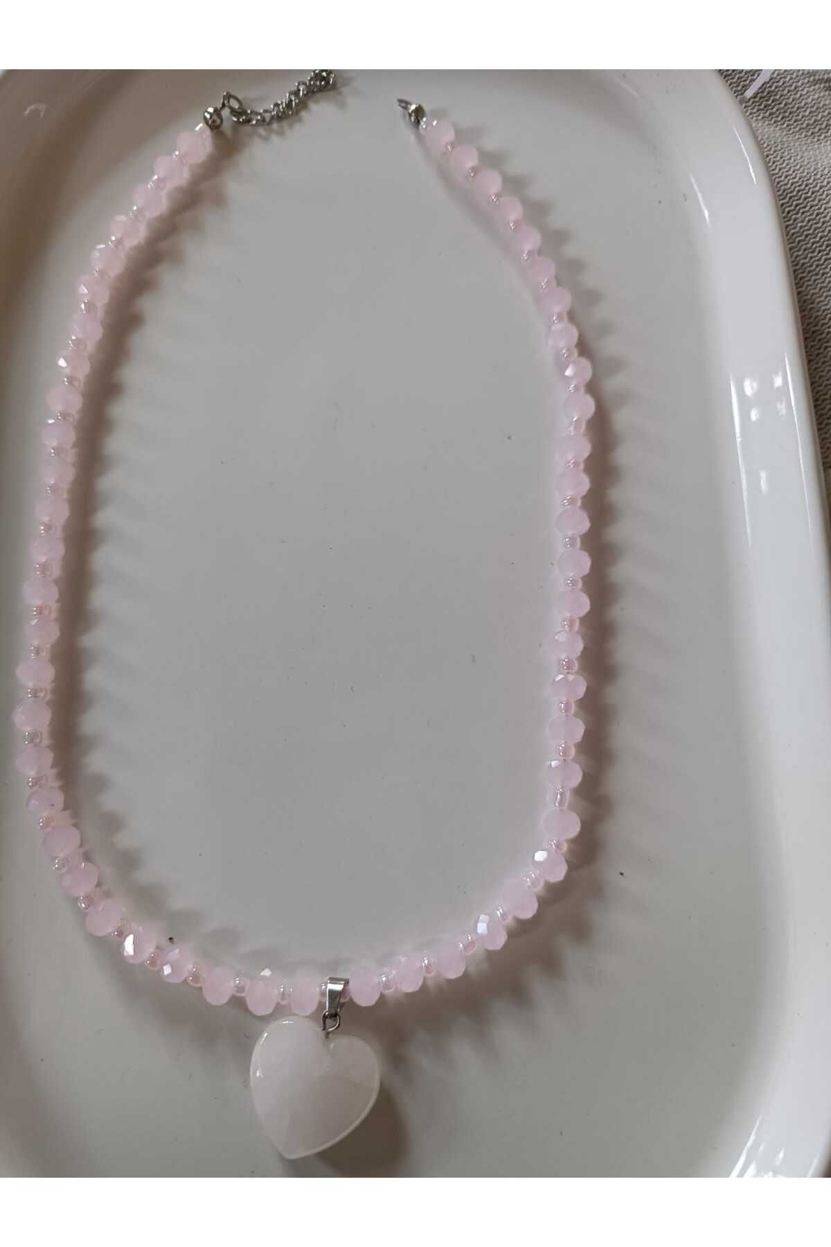 Fata Morgana Accessory Kalp Uçlu Pudra Kristal Boncuk Gümüş Kolye