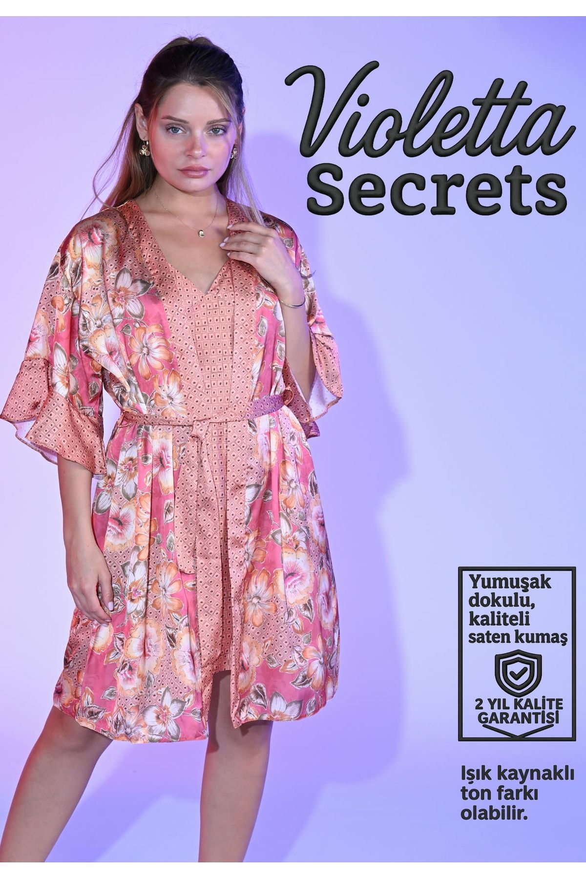 VİOLETTA SECRETS Turuncu Desenli Saten Gecelik