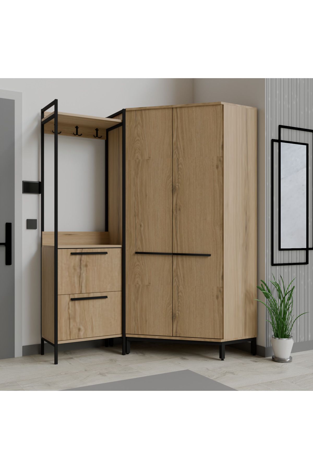 Abre Modern Köşe Portmanto Askılıklı Vestiyer Takımı
