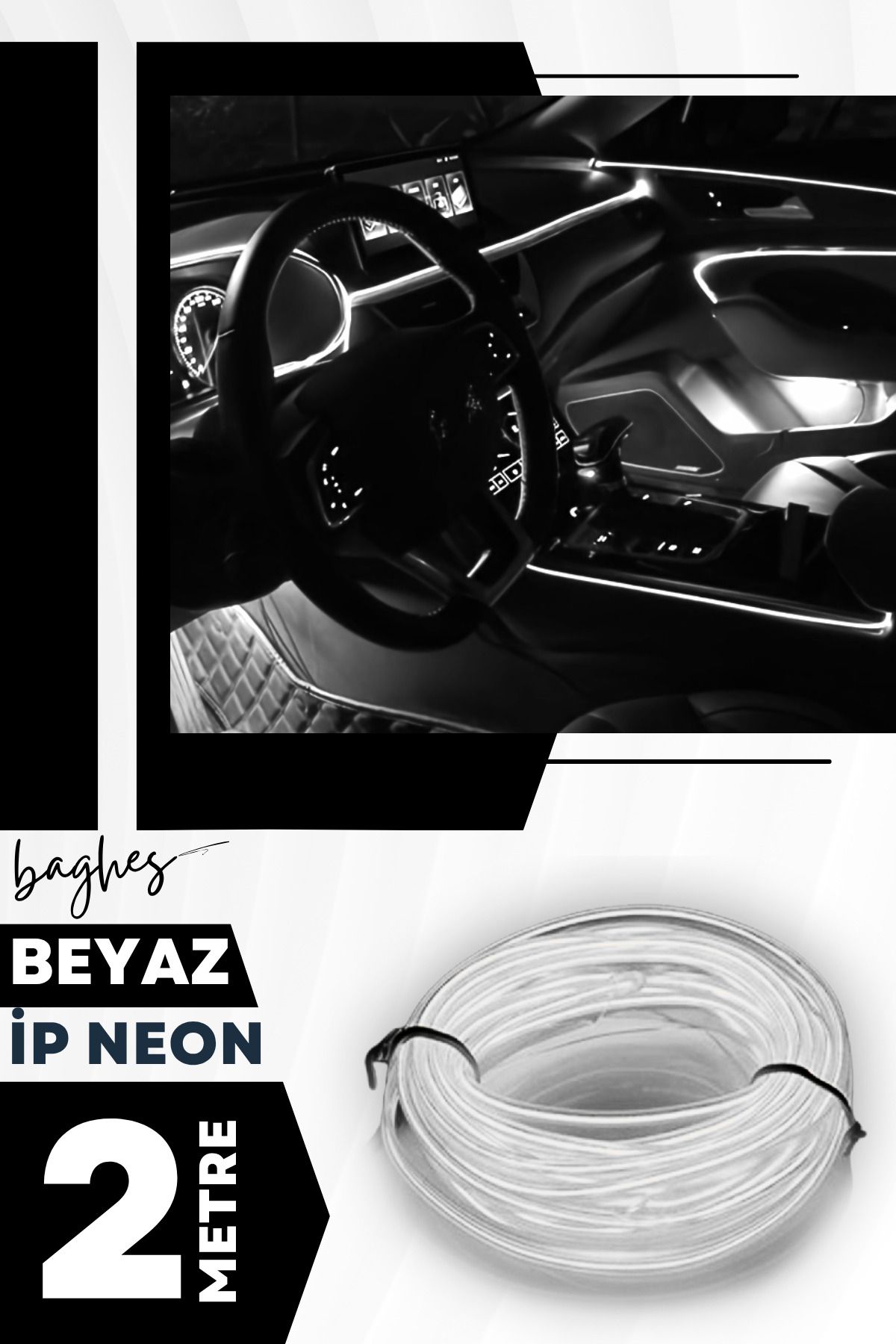 Baghes Beyaz Araç İçi Torpido Neon LED Şerit – 2 Metre Beyaz Işık (12V)