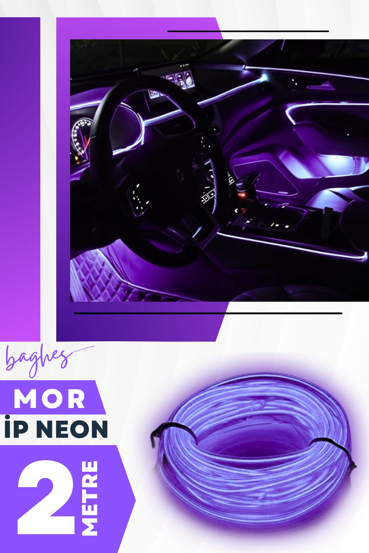 Baghes Mor Araç İçi Torpido Neon LED Şerit – 2 Metre Mor Işık (12V)