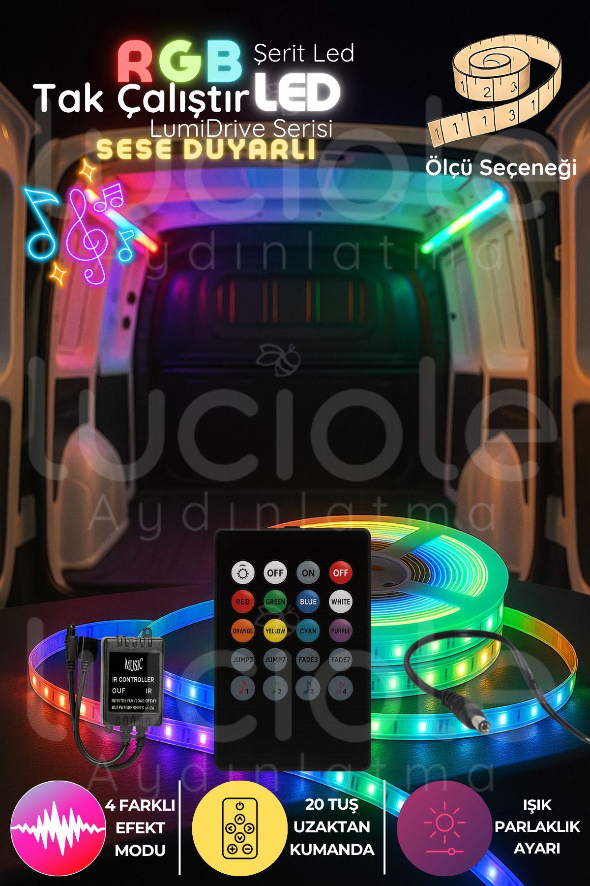 luciole LumiDrive 5m RGB LED Şerit – Ses Algılayıcılı Modül, 20 Tuş Kumanda, 5050 Gerçek RGB Işık Sistemi