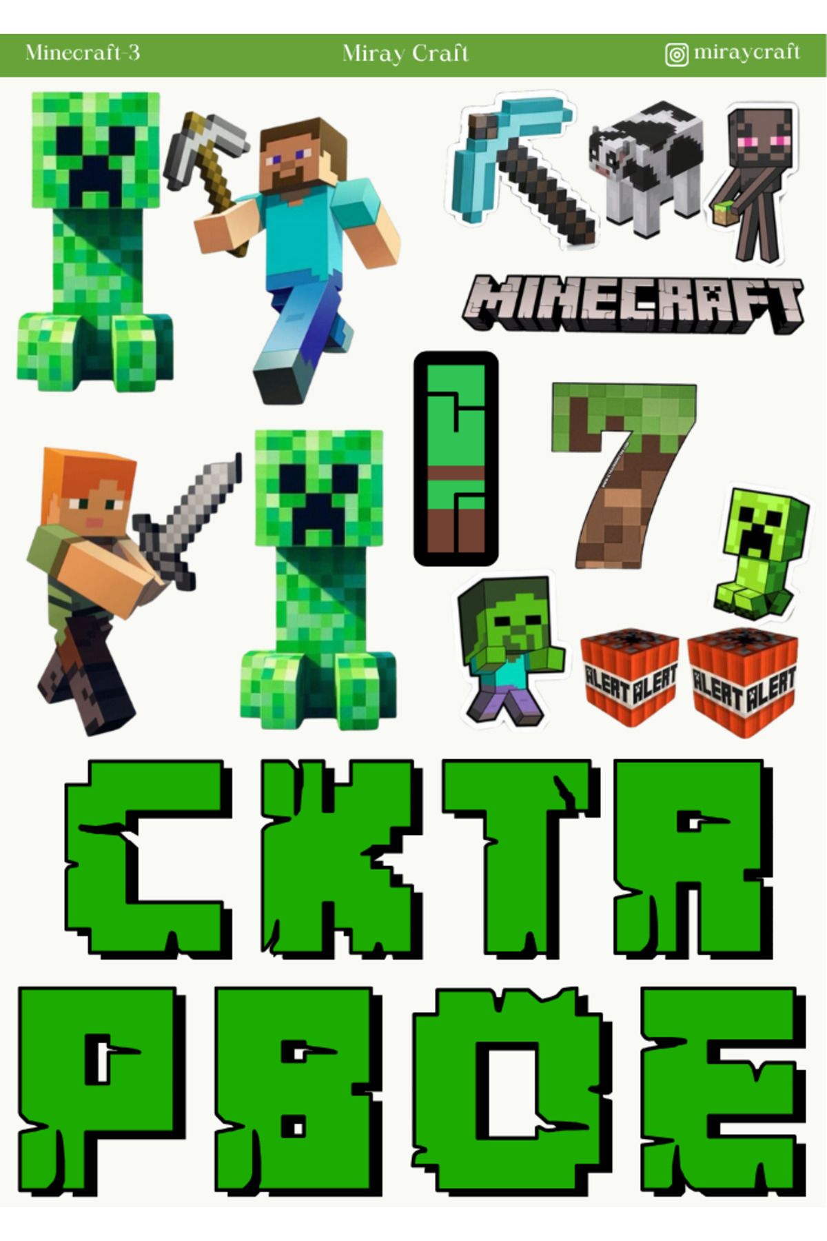 MirayDesign 1 Adet Minecraft Temalı Sticker (12x17 cm) Bullet Journal,Scrapbook, Ajanda, Planlayıcı için