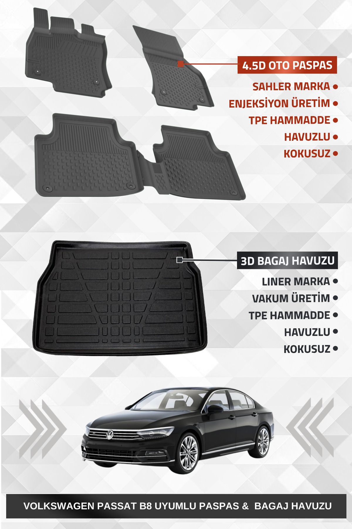 Sahler Volkswagen Passat B8 2015-2023 Uyumlu 4.5D Premium Havuzlu Oto Paspas ve Liner Marka 3D Bagaj
