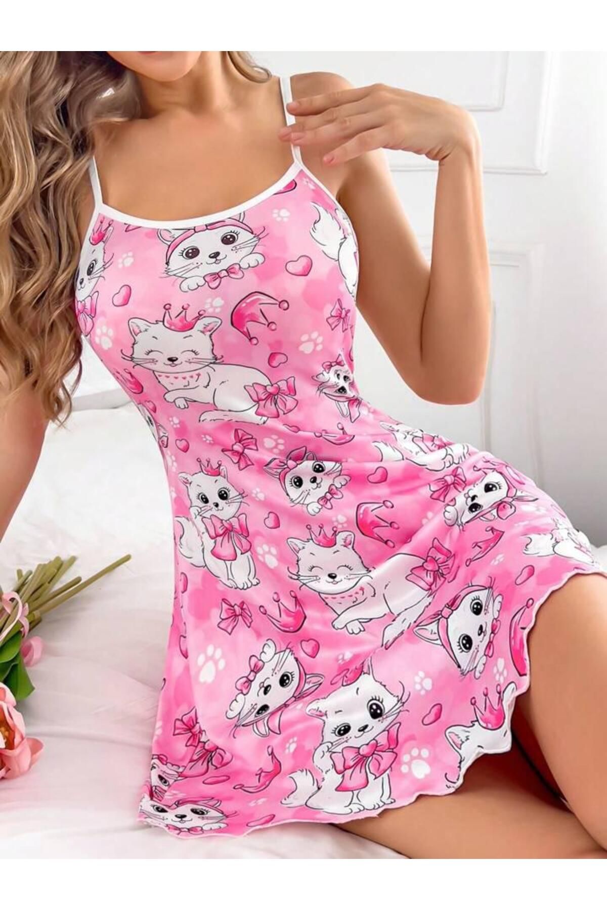 WİYONA Kadın Kedili Pembe Sütyenli Şortlu Pijama Gecelik Takımı