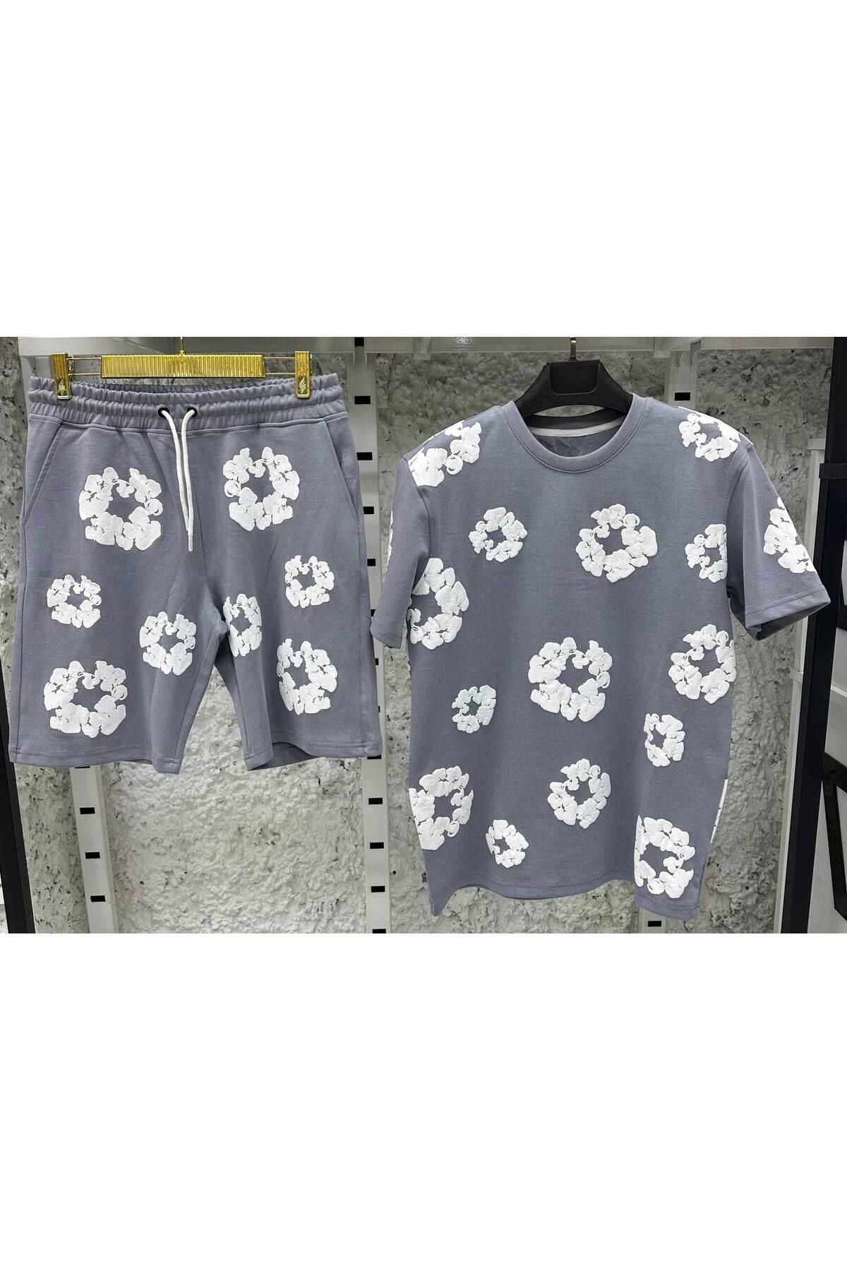 Butik Erkek Siyah Oversize Tişört & Şort Takımı - Çiçek Desenli
