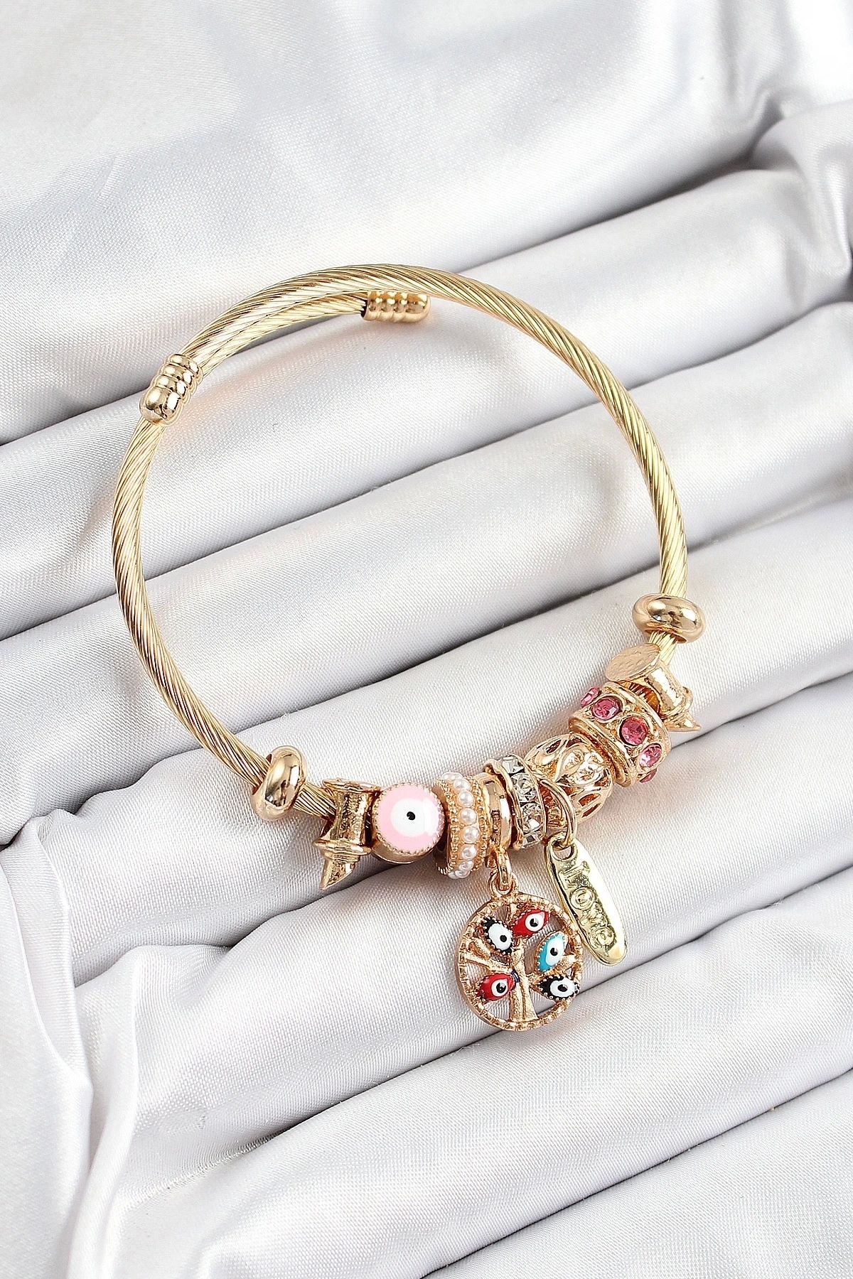 shopwave 316L Çelik Pembe Nazarlı Zirkon Taşlı İnci Detaylı Hayat Ağacı Model Gold Renk Charm Bileklik