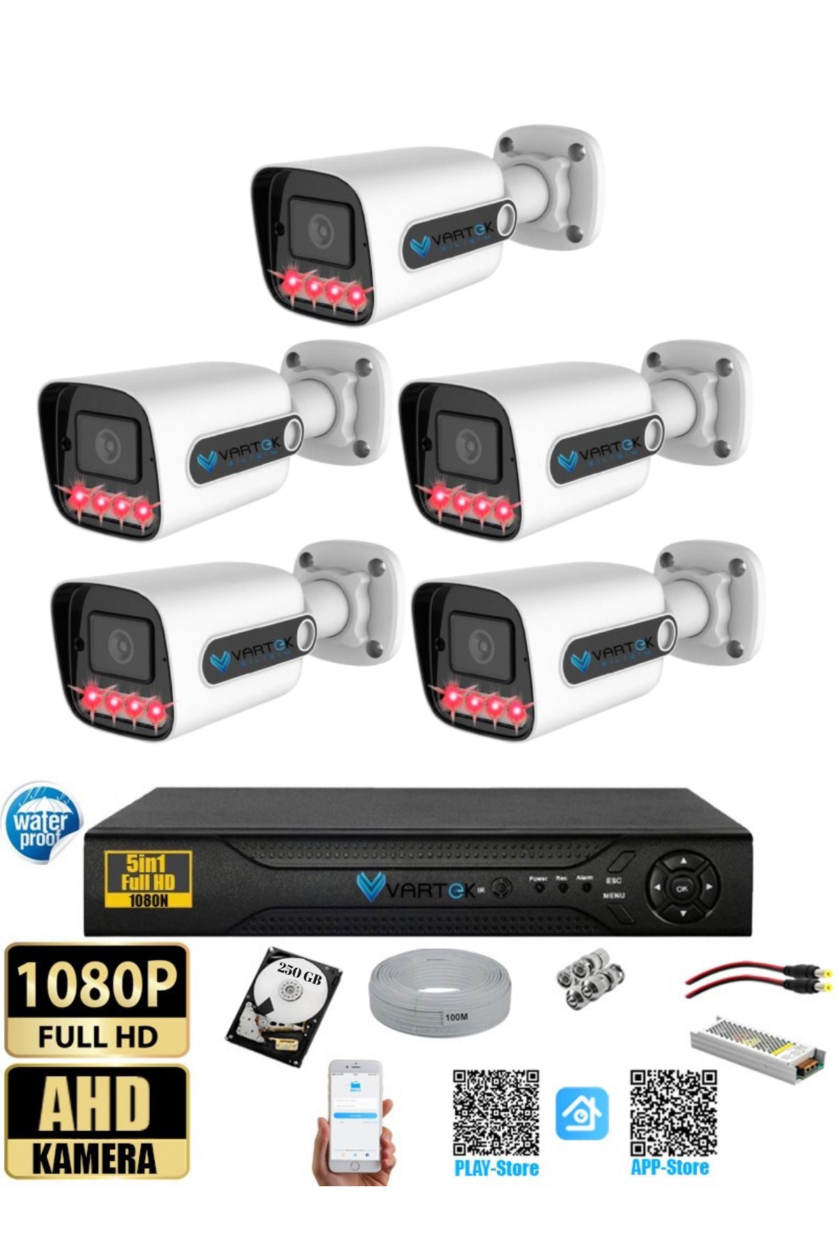 VARTEK BİLİŞİM 5 Kameralı-Gece Görüşlü 5MP Lensli 1080P FULLHD Kamera Seti
