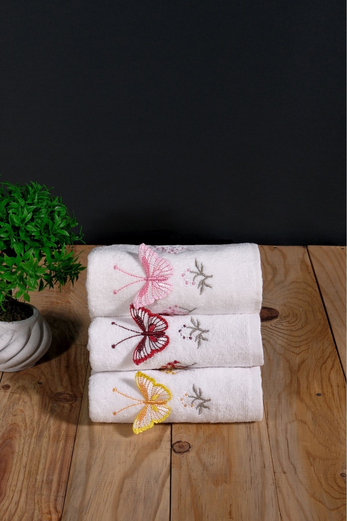 asev tekstil 30x50 Cm Güpür Kelebek Işlemeli 3lü Mutfak Havlusu | El Havlusu | Yüz Havlusu Seti