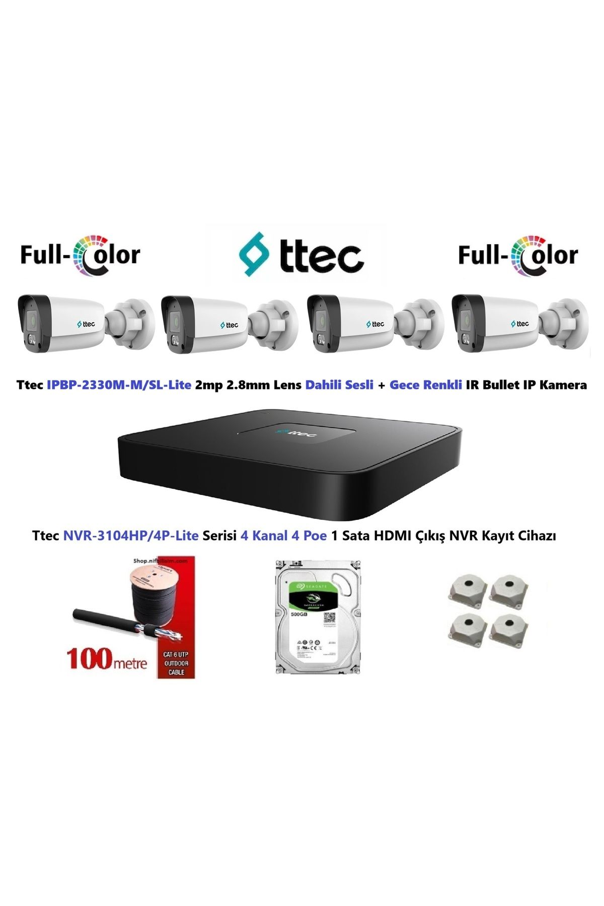 Ttec Nif Bilişim Ttec 2mp Dahili Sesli Ve Gece Renkli 4 Kameralı 500GB Disk Tak Çalıştır IP Kamera Seti