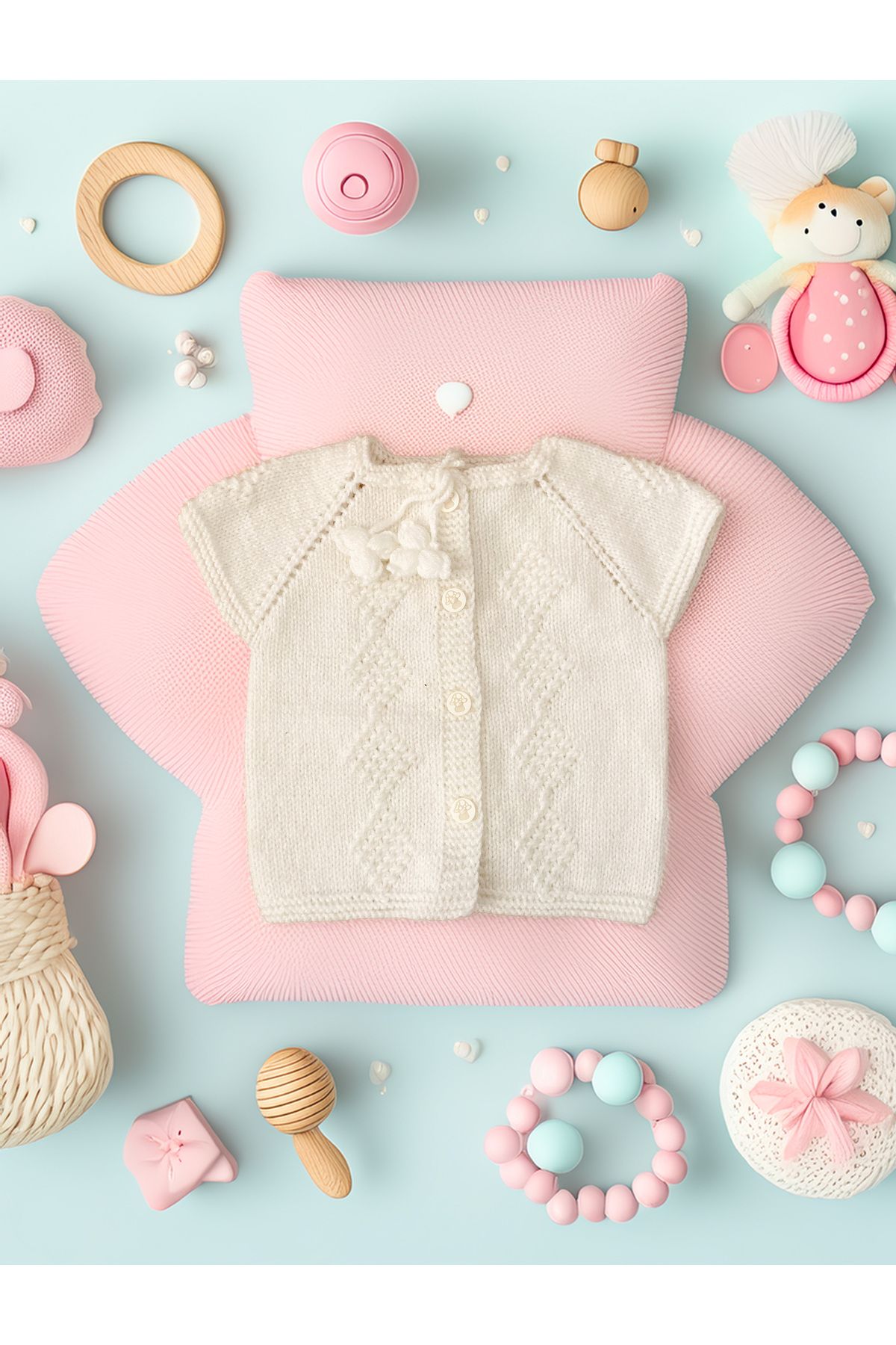 Butik Yenidoğan Bebek El Örgü Pamuk Yelek Düğmeli 0-12 Ay