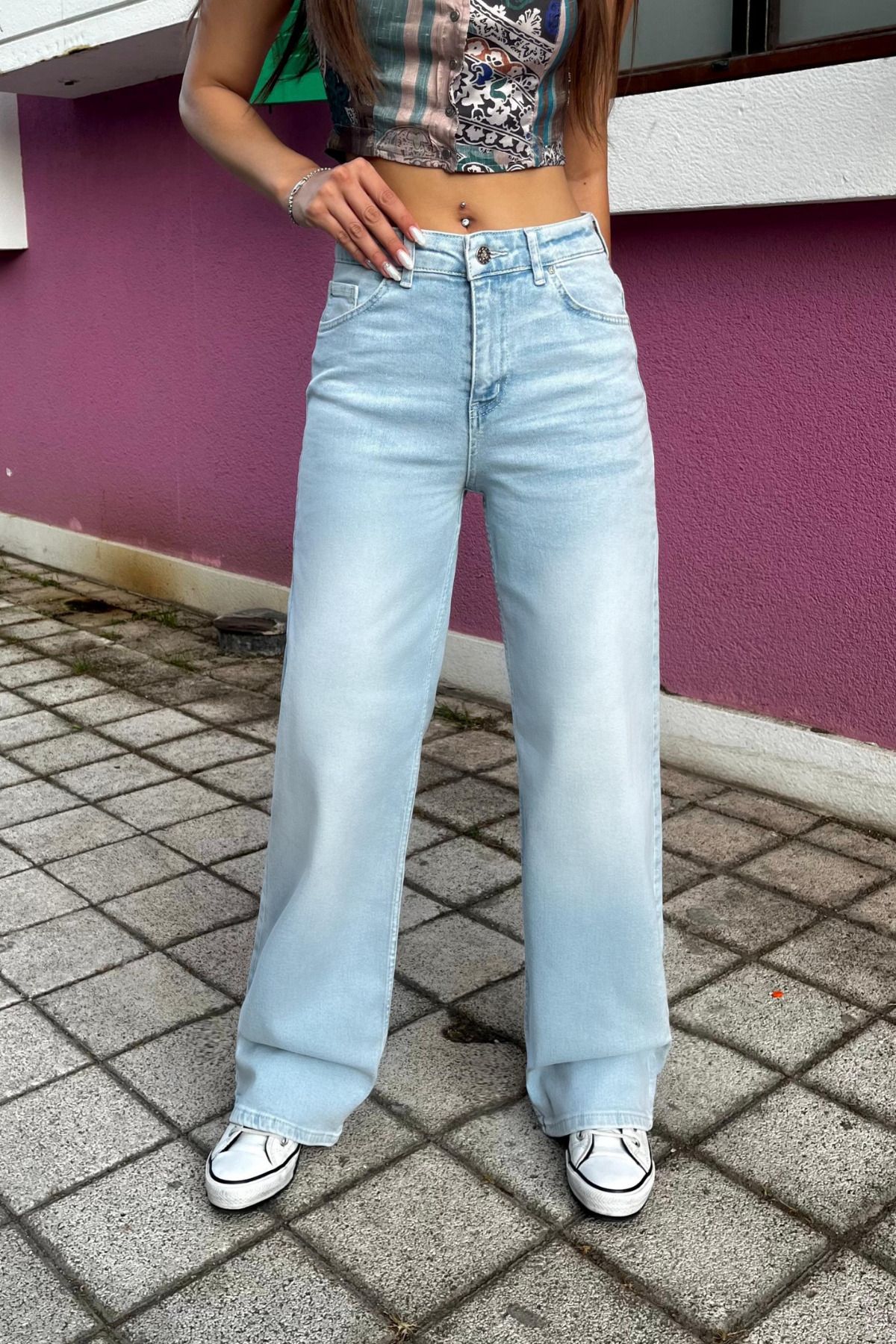 BİKELİFE Kadın Yüksek Bel Likralı Retro Efekt Geniş Paça Jean
