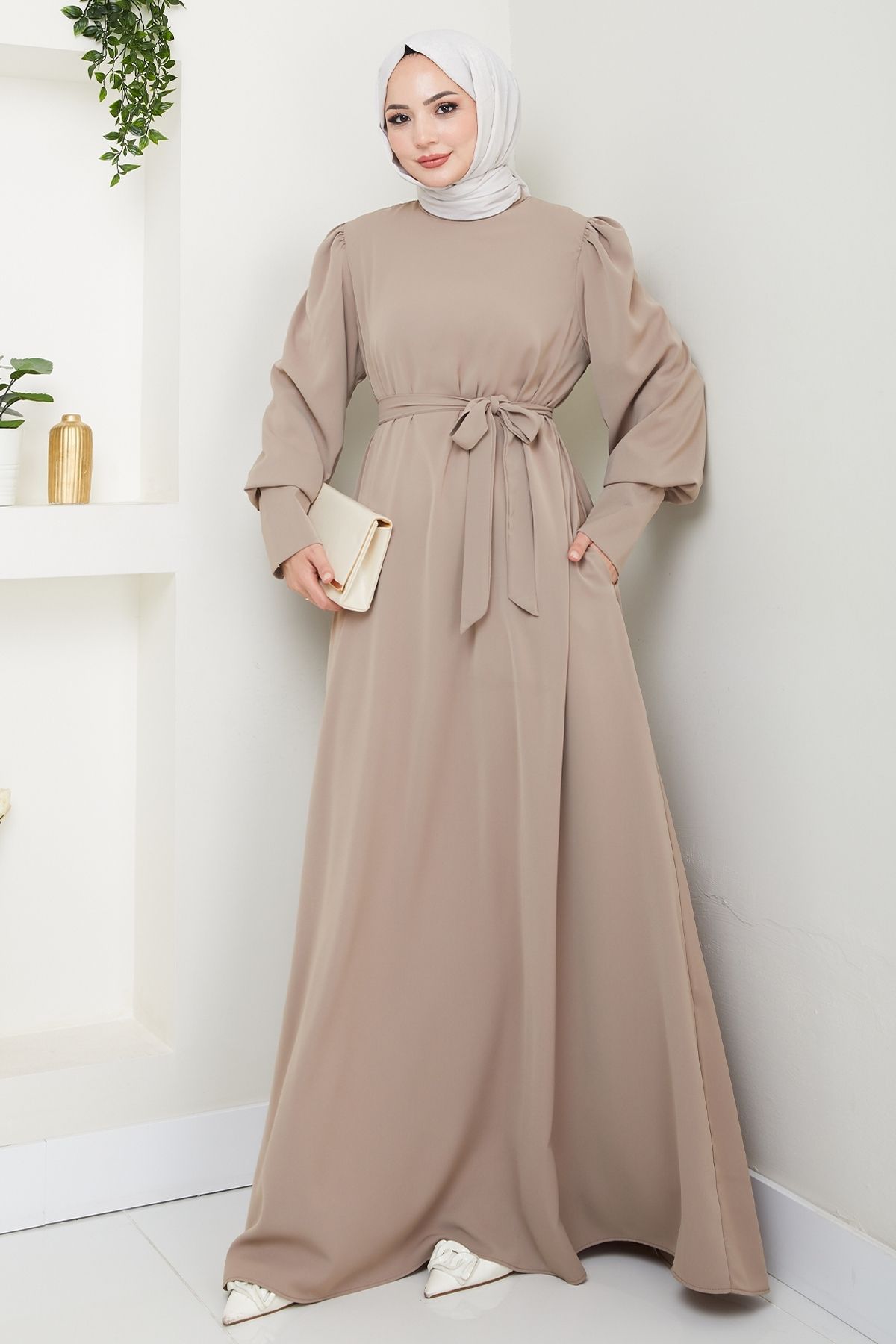 InStyle Balon Kol Düz Model Bej Elbise