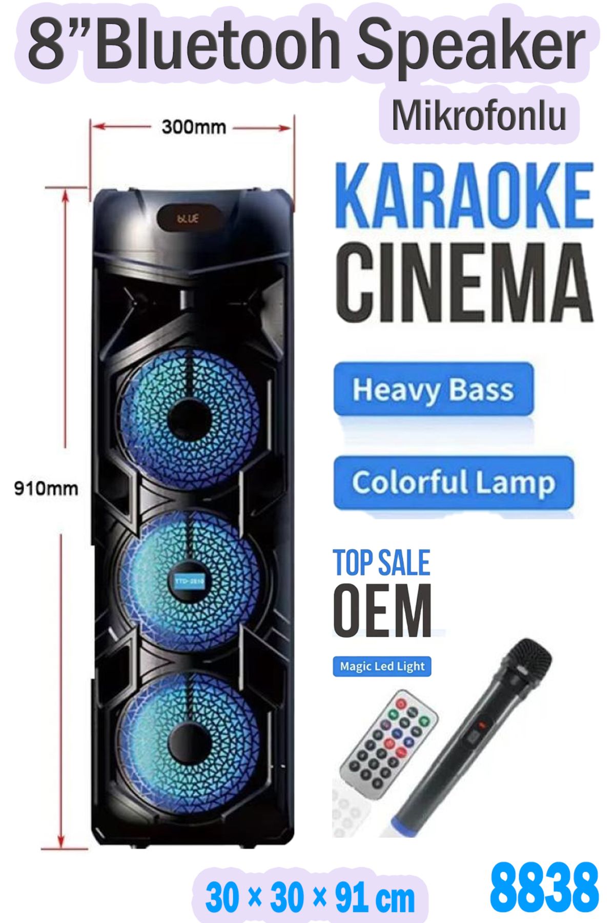 DigiMonster 8838 DJ Party Speaker | 8'' Üç Yollu Bluetooth Ses Sistemi | Ekstra Baslı Taşınabilir Müzik Arabası
