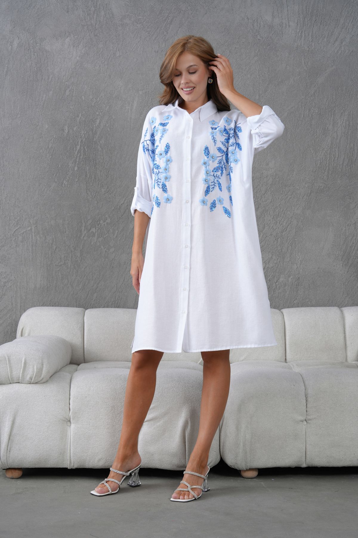 MVStore NAKIŞ İŞLEMELİ TAŞLI KETEN OVERSİZE GÖMLEK TUNİK