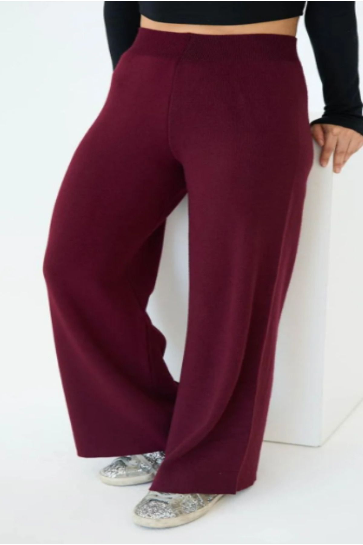 STF MODA KADIN BORDO BOL PAÇA TRİKO PANTOLON