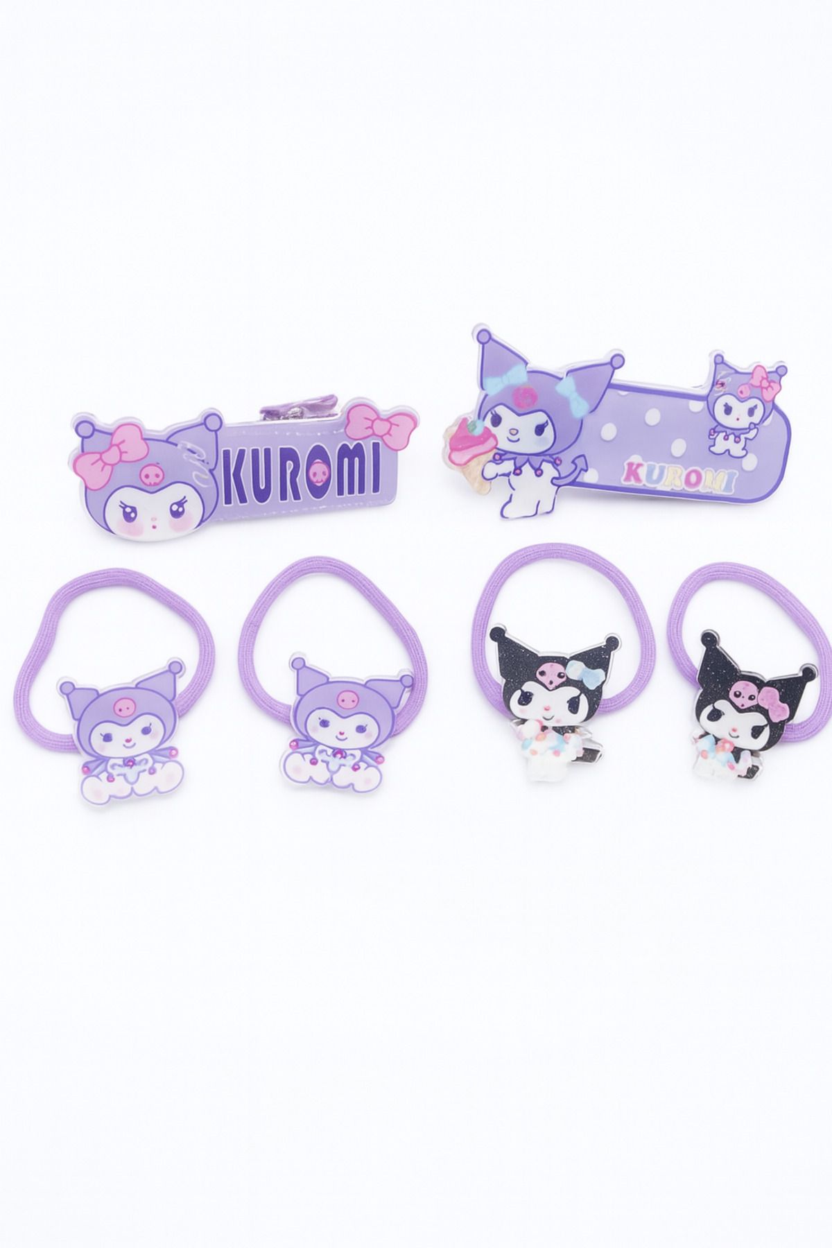 MakeWell Kuromi Tasarımlı 4 Adet Lastik 2 Adet Çıtçıtlı Tokalı Çocuk Toka Seti