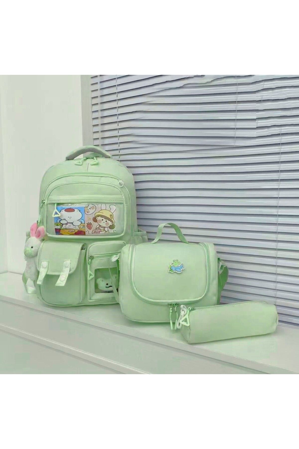 Adalinhome Kore Model Kawaii 4'lü Okul Çanta Seti – Sırt Çantası + Beslenme + Kalemlik