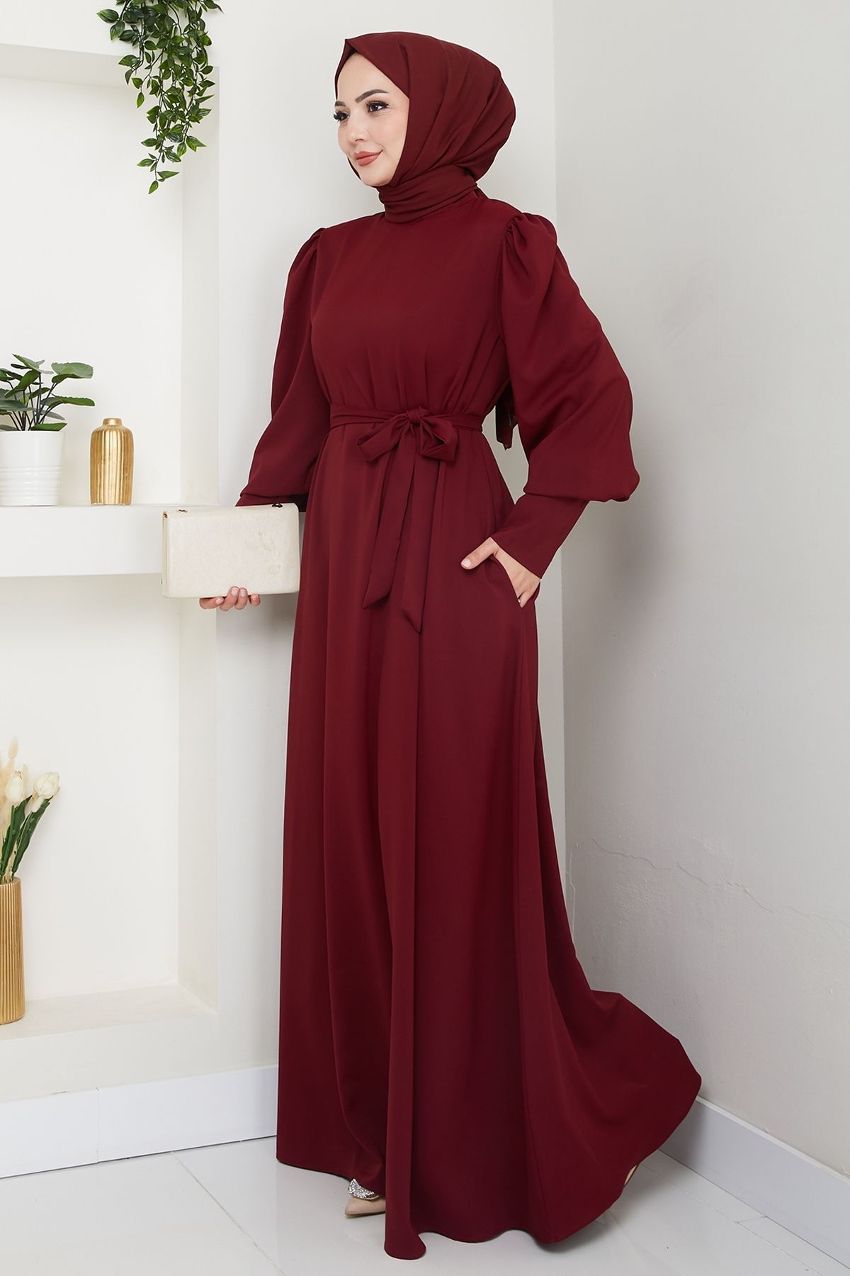 InStyle Balon Kol Düz Model Bordo Elbise