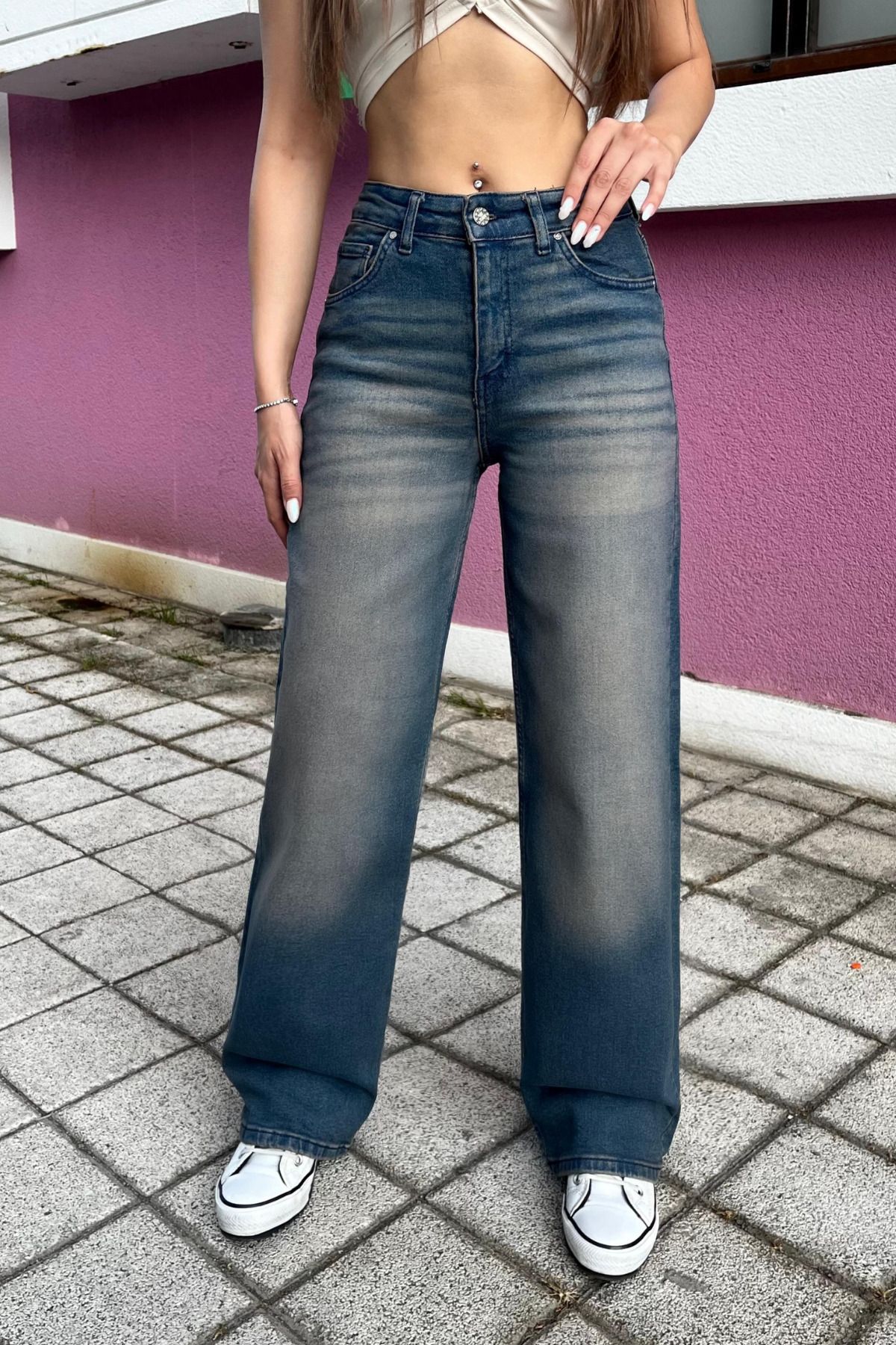 BİKELİFE Kadın Yüksek Bel Likralı Retro Efekt Geniş Paça Jean