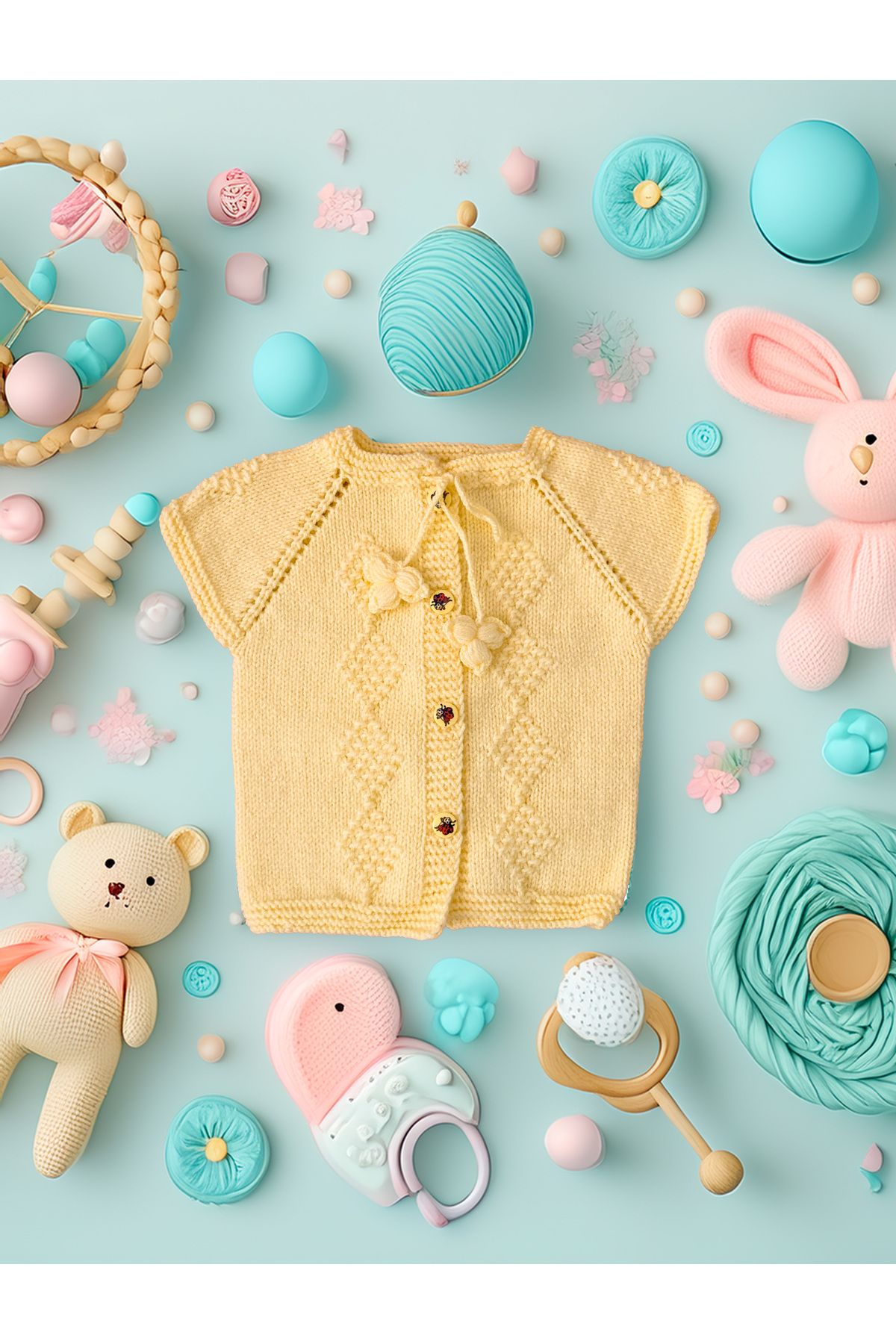 Butik Yenidoğan Bebek El Örgü Pamuk Yelek Düğmeli 0-12 Ay