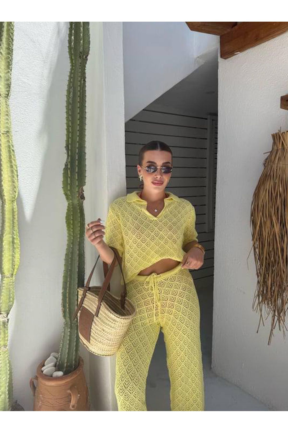 Julidress Sarı Ajurlu Bluz Pantolon Alt Üst Premium Pamuk Takım