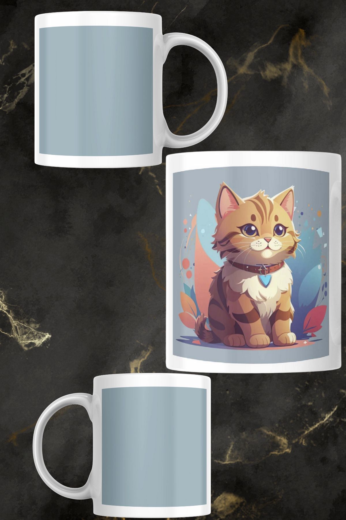 zerhome Kedi 5 Temalı Beyaz Porselen Kupa Bardak
