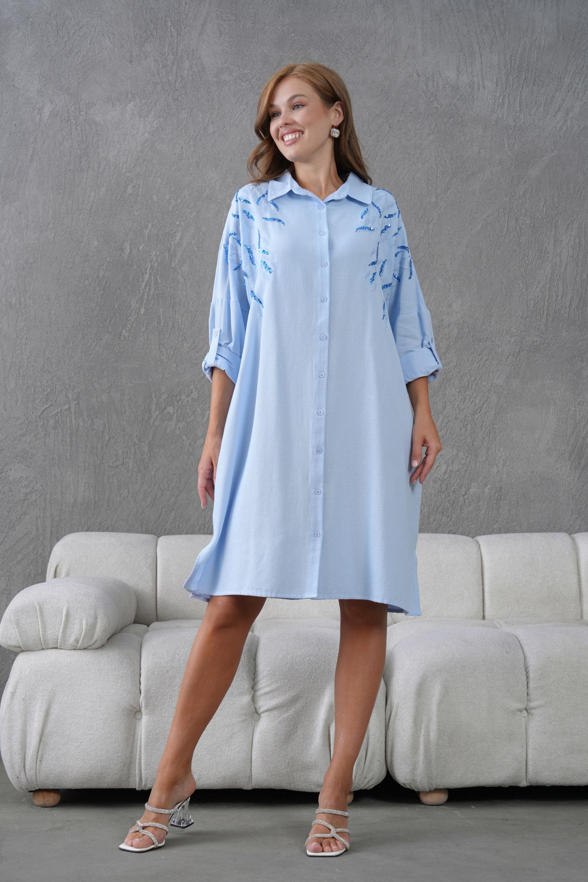 MVStore NAKIŞ İŞLEMELİ KETEN OVERSİZE GÖMLEK TUNİK