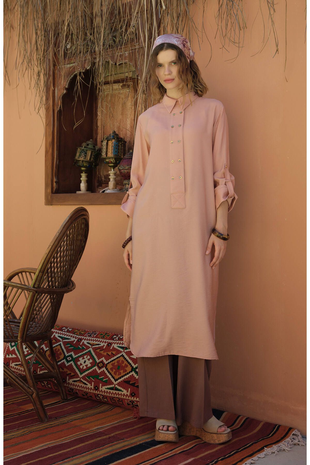 Fatma Atasoy Geniş Patlı Maksi Soft Pembe Tunik