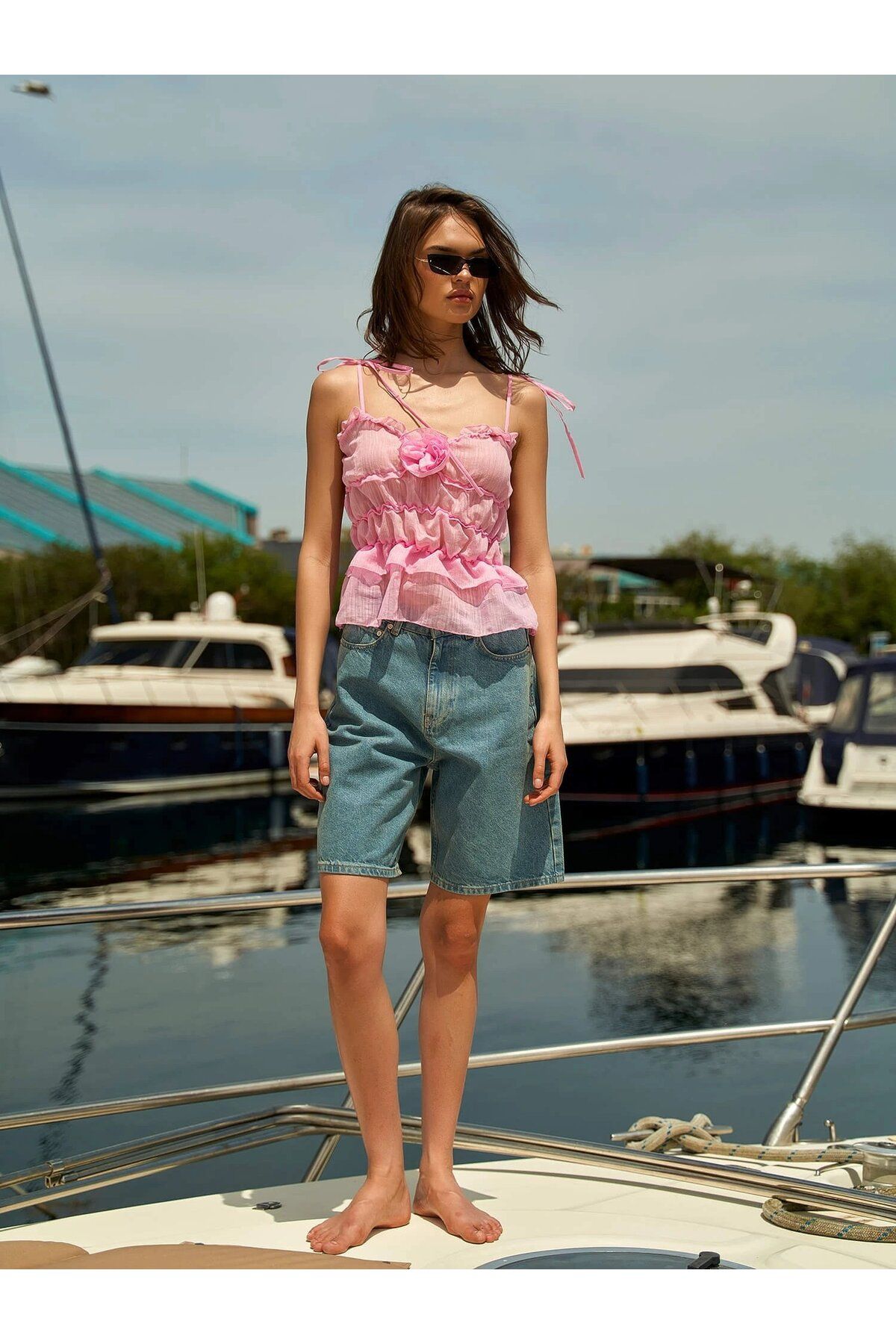 Lefon Gül Detaylı Askılı Bluz - Pembe-Pembe - 36