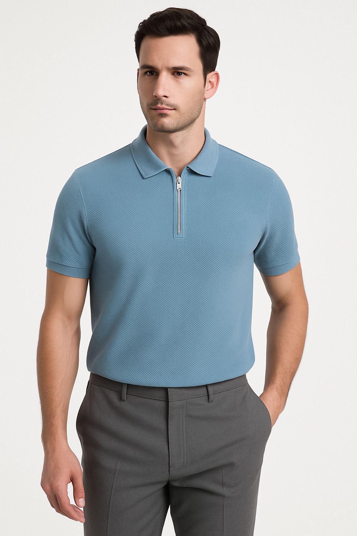 LACİVERTMEN Lacivertmen 2938 Aqua Piqué Likralı Petek Süprem Dokulu Fermuarlı Polo Yaka